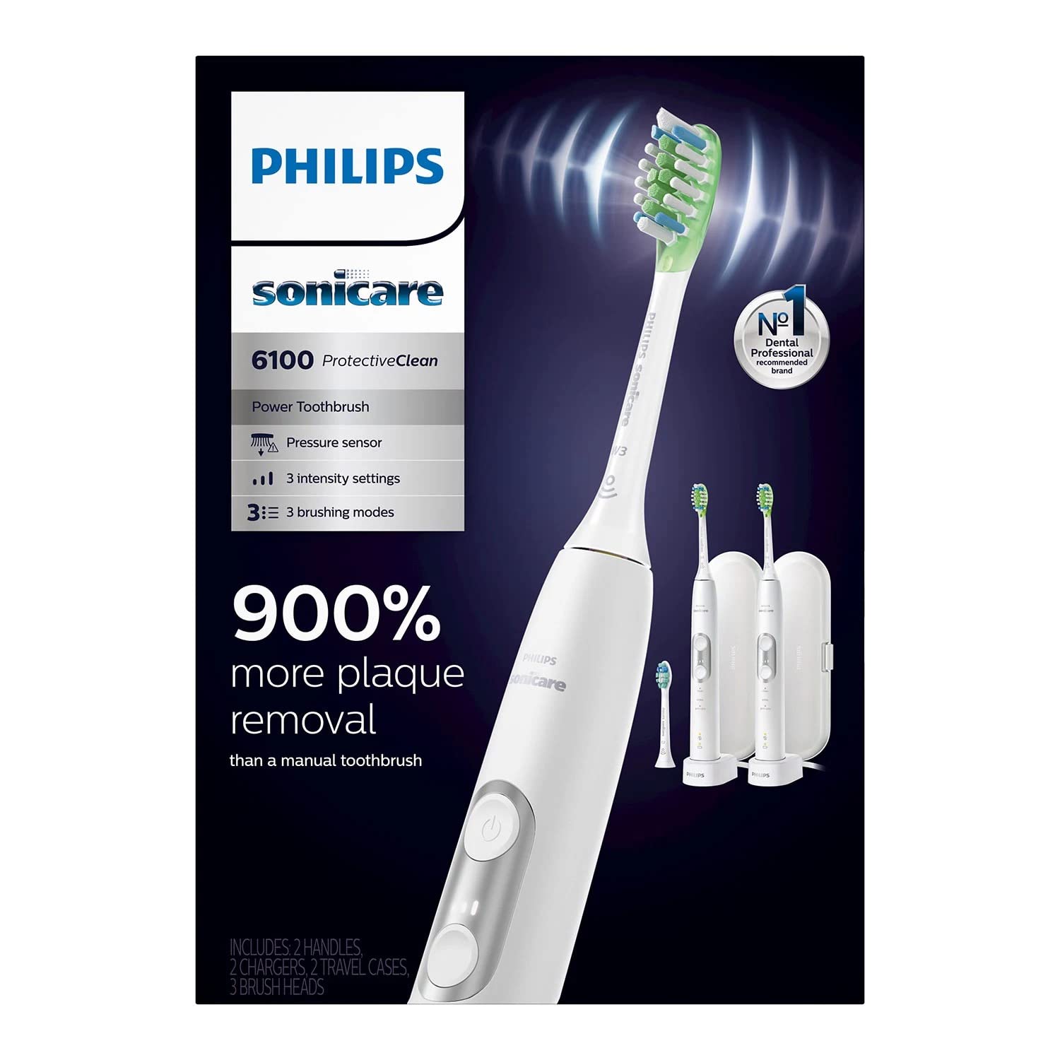 PHILIPS Sonicare 6100 ProtectiveClean Rechargeable Electric Toothbrush - 2 Pack White - Advanced Plaque Removal & Gum Care - Perfect for Travel & Family Oral Hygiene