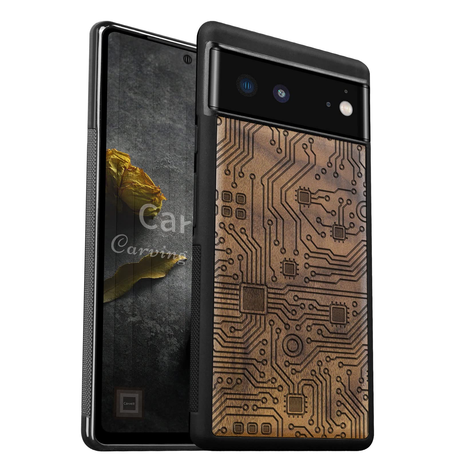Carveit Wooden Phone Case for Google Pixel 6 (2021) - Natural Walnut Wood & Black TPU Hybrid Shockproof Protective Cover | Slim Durable Design for Everyday Use & Business Professionals