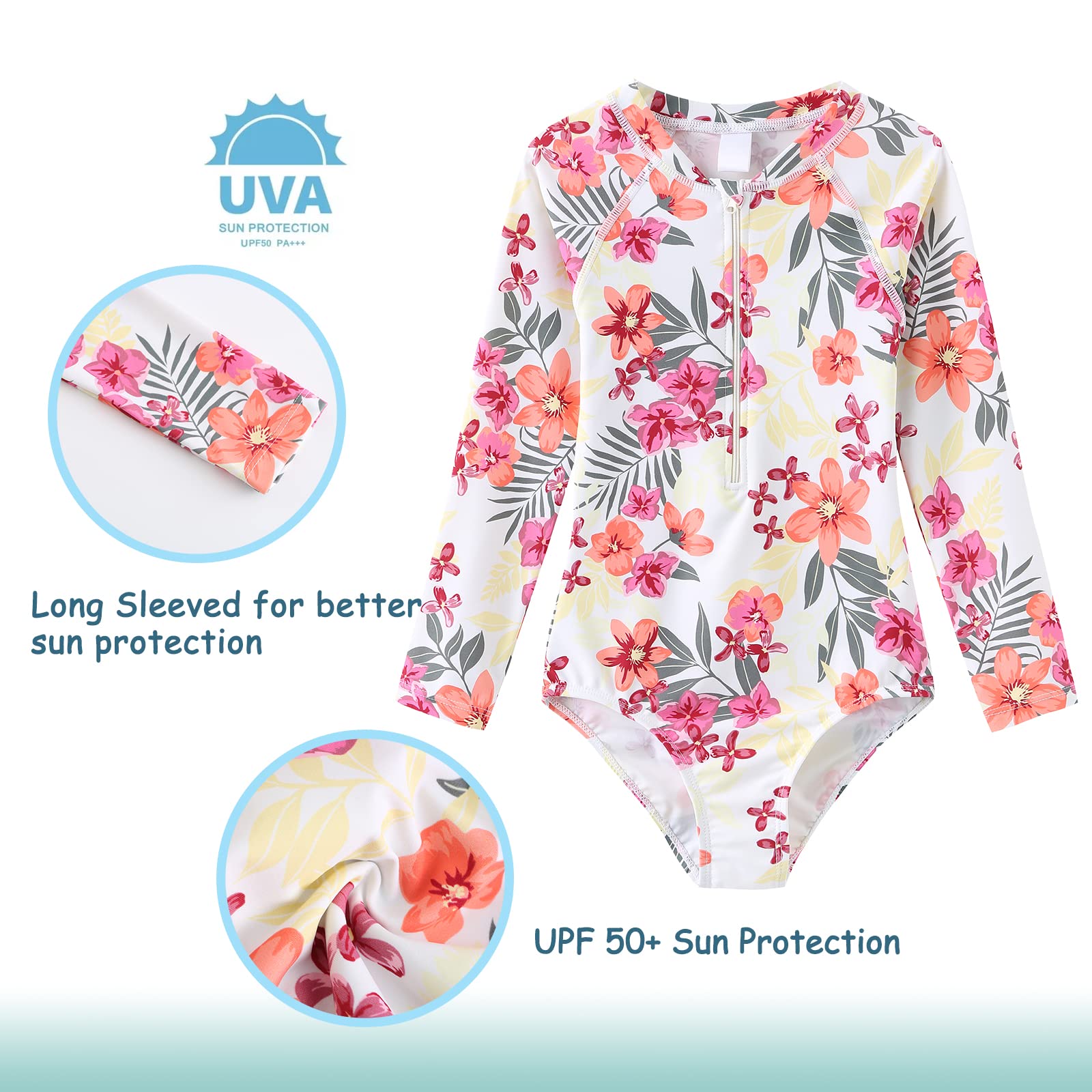Girls Long Sleeve One Piece Swimsuits - UV Protection Rash Guard Bathing Suit for Kids 3-16 Years | Tie Dye Swimwear for Beach, Pool & Water Sports