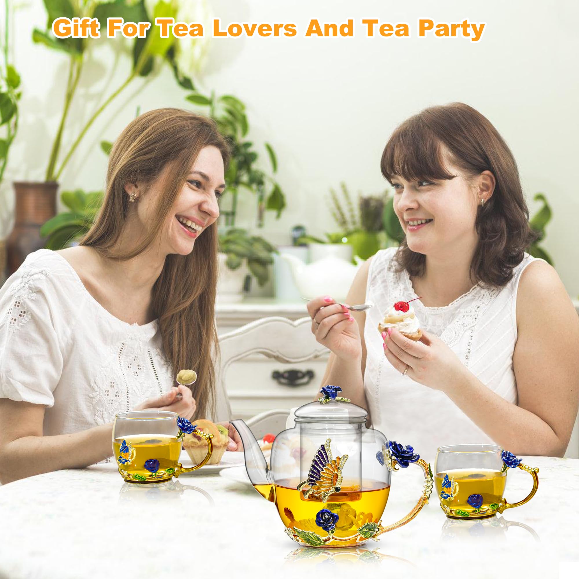 46oz/1300ml Blue Rose Enamel Glass Teapot with Infuser & Lid - Floral Butterfly & Gold Trim Design - Perfect Gift for Mom, Women, Mother's Day & Birthday - Ideal for Tea Parties, Afternoon Tea & Home Decor