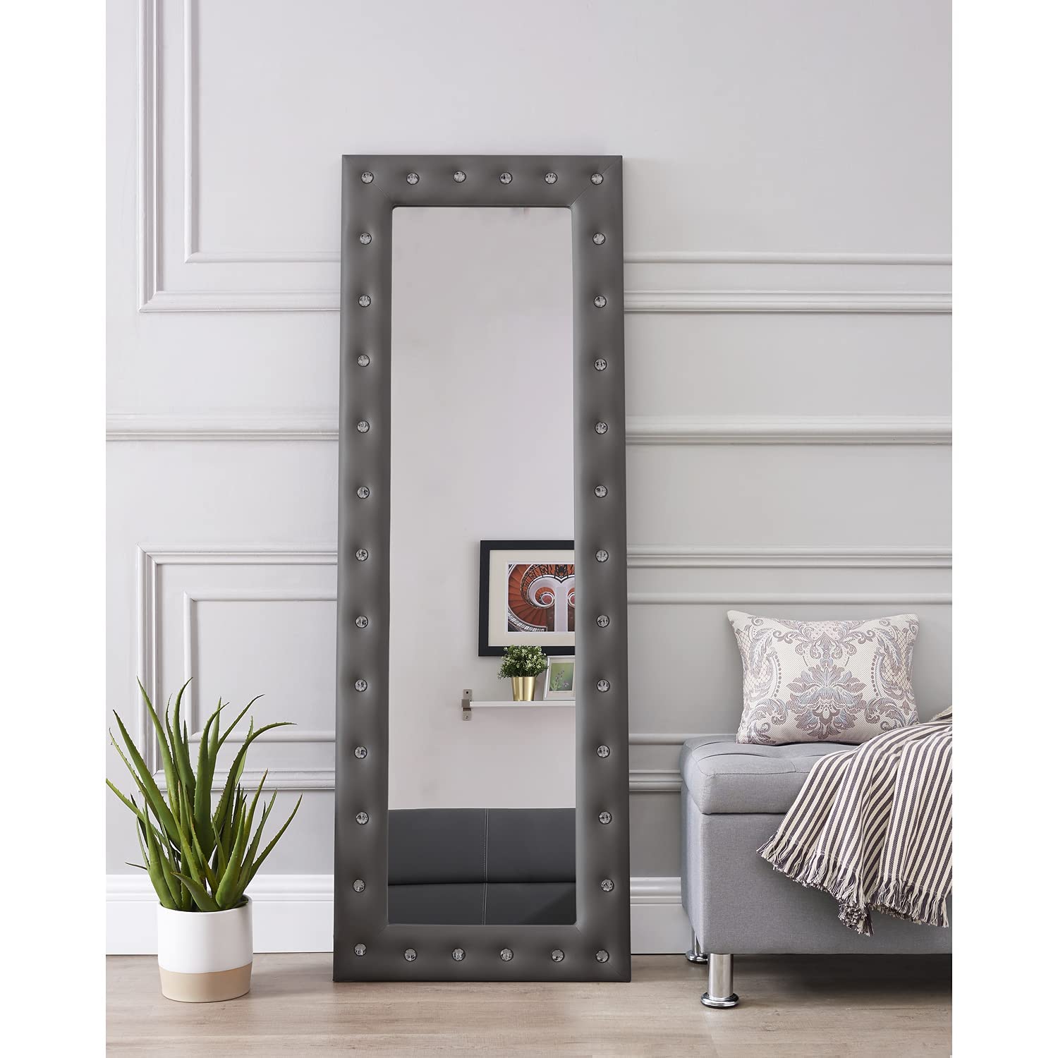 Oversized Full Length Floor Mirror - XL Tall Body Mirror for Bedroom, Free Standing or Wall Mounted, Crystal Tufted Frame, Grey - Perfect for Dressing Room, Home Gym, and Entryway Decor