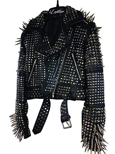 Steampunk Black Leather Motorcycle Jacket for Women - Long Spike Studded Biker Jacket with YKK Zipper | Gothic Fashion, Punk Style Outerwear (5XL) - Perfect for Motorcycle Riding, Concerts & Alternative Fashion