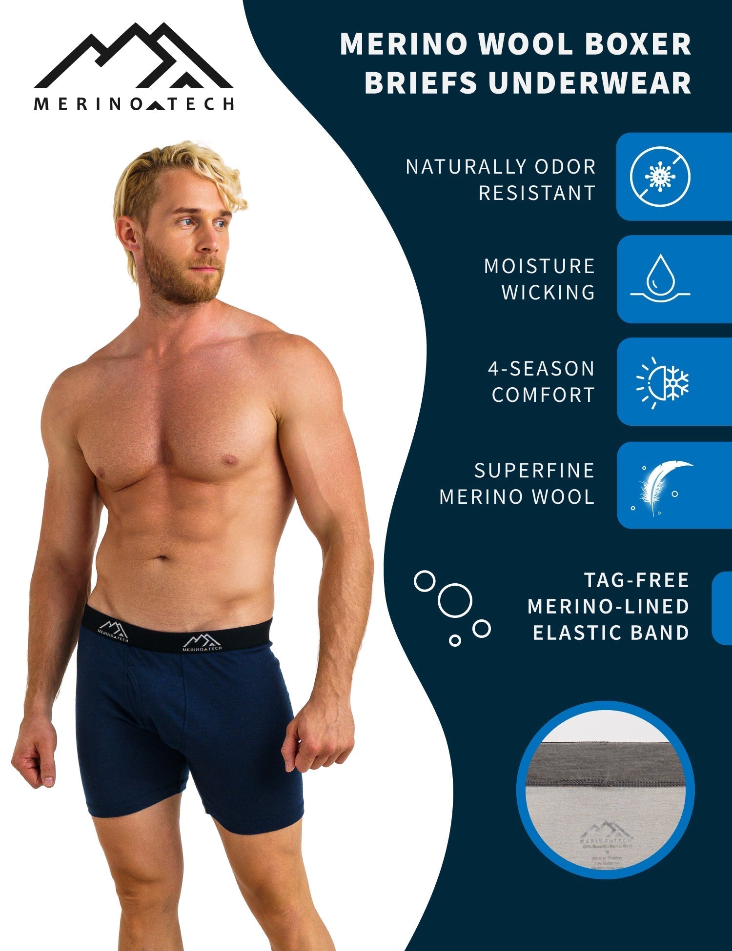 Premium Men's Merino Wool Boxer Briefs - 170g Soft Comfort Underwear in Midnight Navy - Ideal for Travel, Hiking & Everyday Wear
