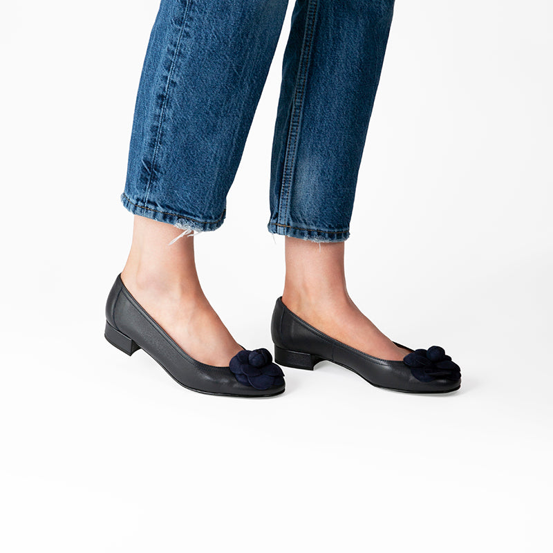 Fabucci Women's Navy Blue Leather Ballet Flats with Floral Embellishment - Comfortable & Stylish for Work, Travel & Casual Outings
