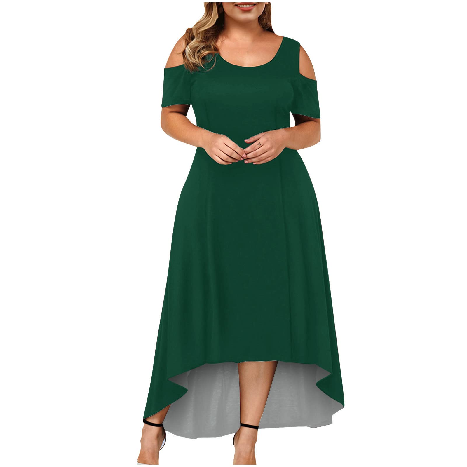 Plus Size Summer Casual Maxi Dress for Women - Short Sleeve Off Shoulder Solid Color Flowy Dress | Perfect for Beach Vacations, Date Nights & Summer Parties