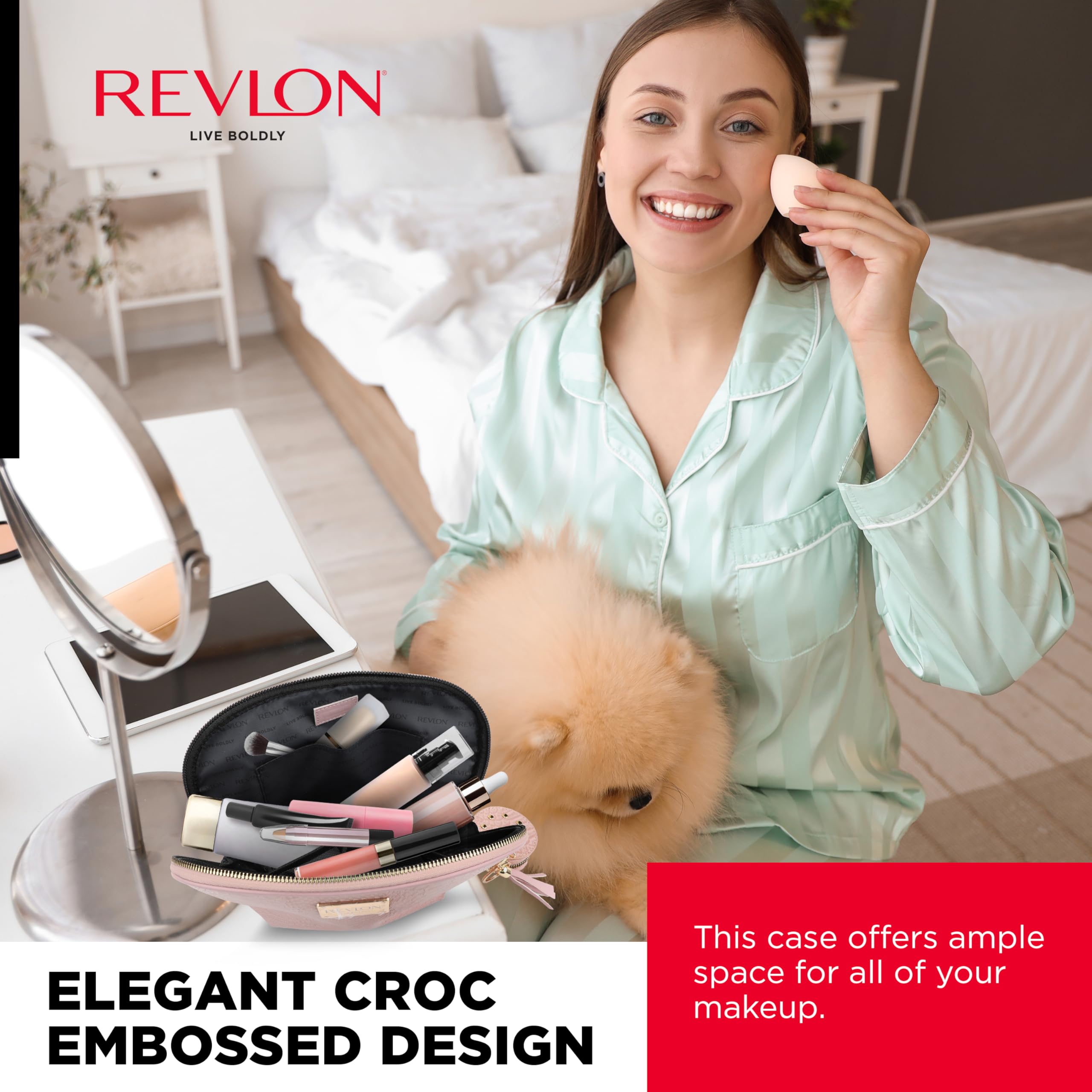 REVLON Croc Embossed Makeup Pouch - Small Travel Cosmetic Bag with Tassel & Mirror Keychain, Mini Makeup Organizer with Pockets - Perfect for Women's Toiletries, Travel Essentials & Teen Girls' Gifts (Rose) | Great for Daily Use, Vacation Trips & Birthday Presents