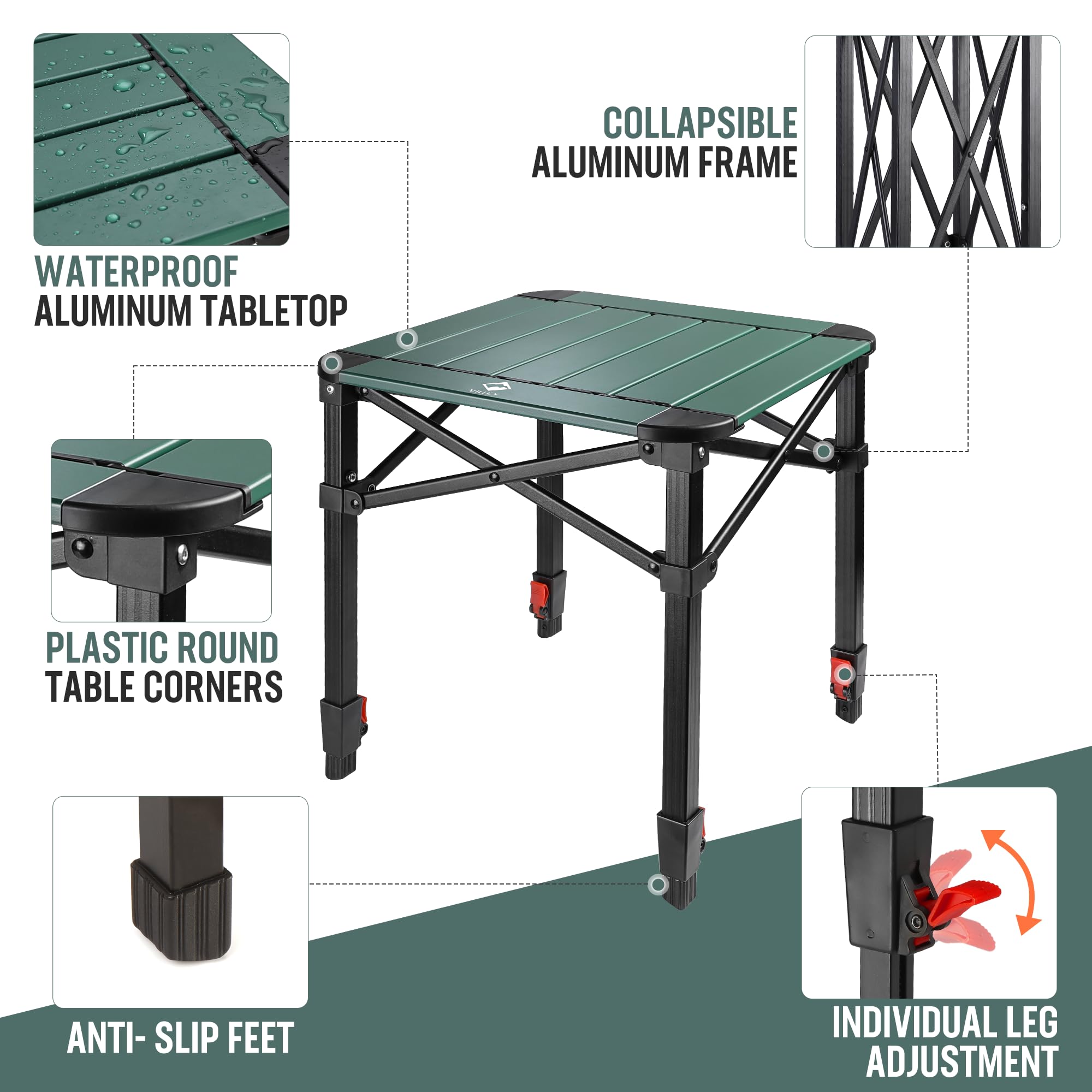 VILLEY Folding Camping Square Table with Carry Bag - Lightweight Aluminum Adjustable Outdoor Picnic Table for Camping, Backyard, BBQ, Hiking & Travel - Perfect for Picnics, Tailgating & Beach Trips
