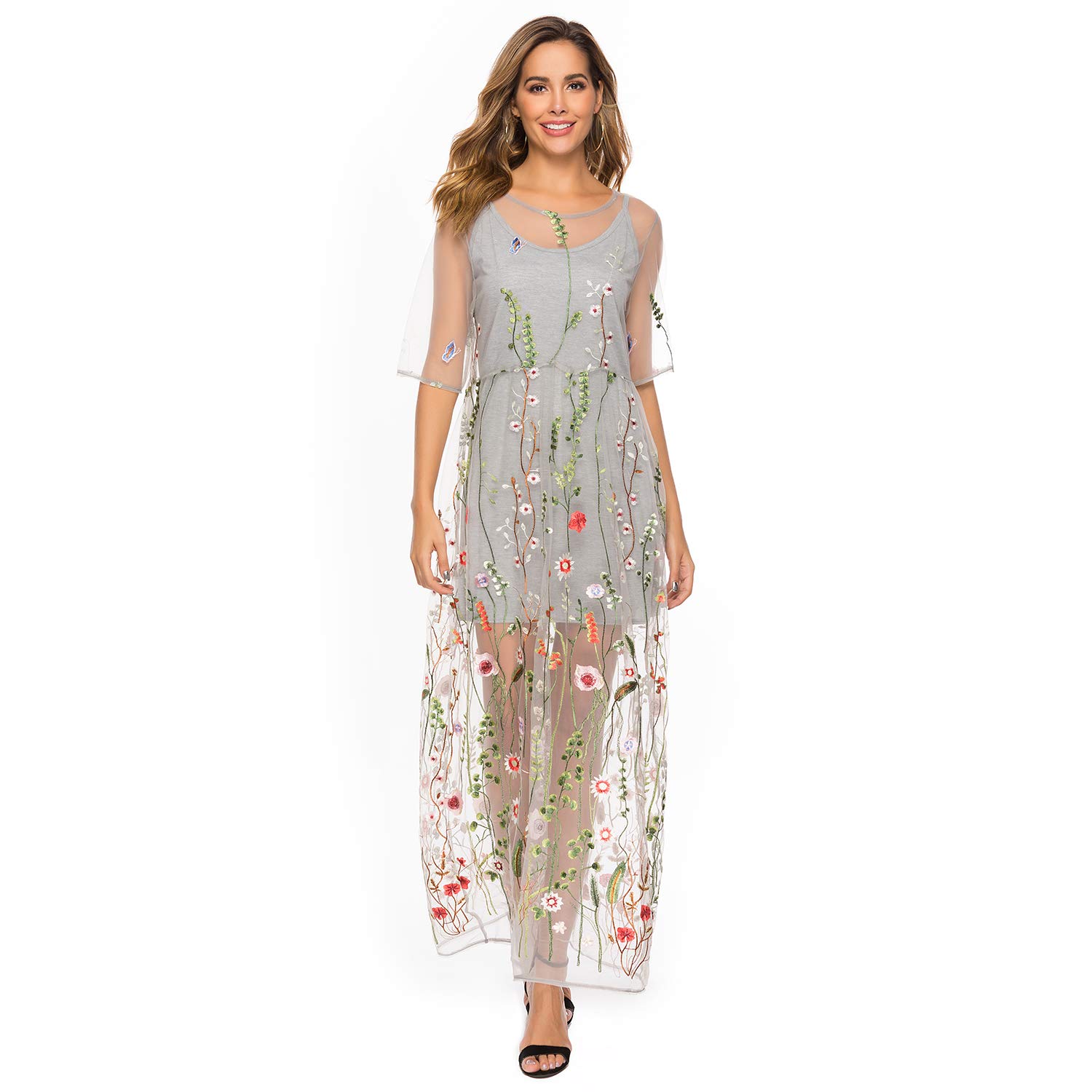 BaronHong Women's Floral Embroidered Tulle Prom Maxi Dress with Cami Dress 3/4 Sleeves - Elegant Evening Gown for Homecoming, Wedding Guest, Formal Party & Special Occasions