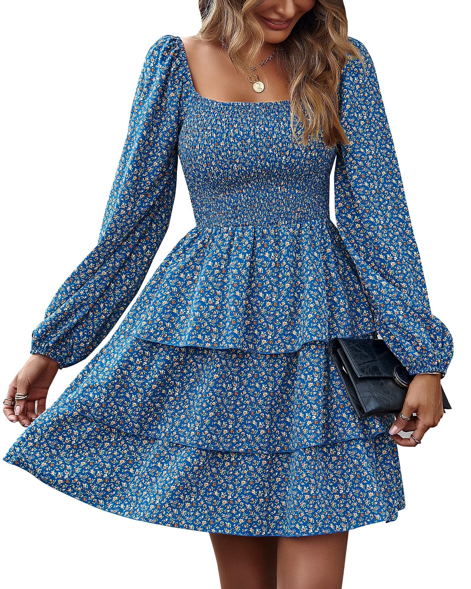 BTFBM Women's Floral Swiss Dot Boho Dress - Square Neck Smocked Long Sleeve Mini Dress for Spring & Summer 2025 | Perfect for Wedding Guest, Garden Party & Casual Outings
