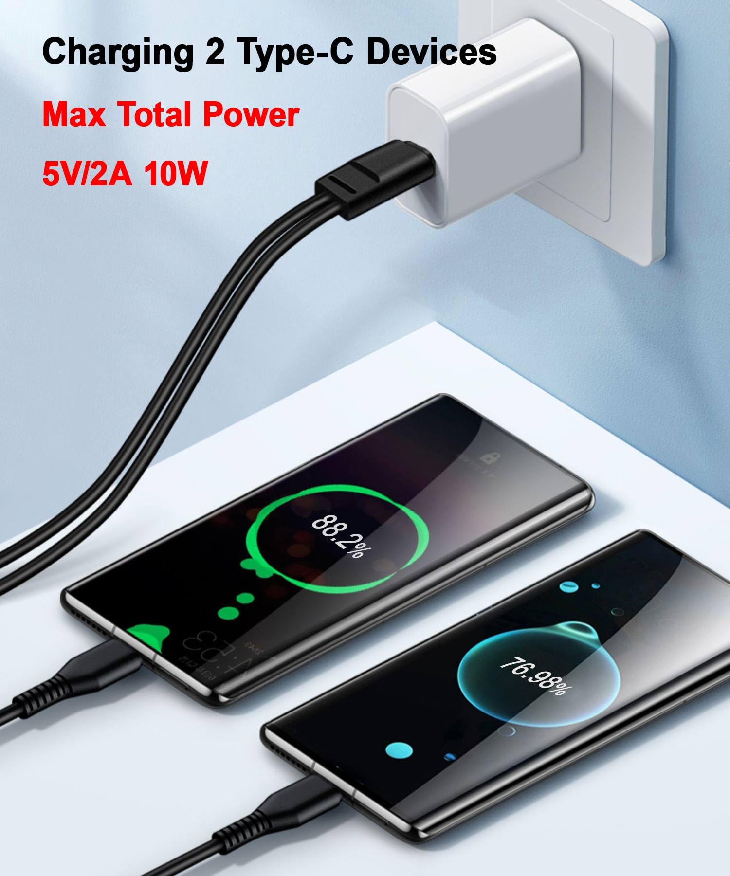 3.3FT 2-in-1 USB C Splitter Cable - Dual USB C Charging Cable with 2A Fast Charging, Type C to Double USB C Port Adapter - Compatible with iPhone 15, iPad Pro, Samsung S24, Google Pixel, Android Devices - Perfect for Home, Office & Travel Charging (Black)