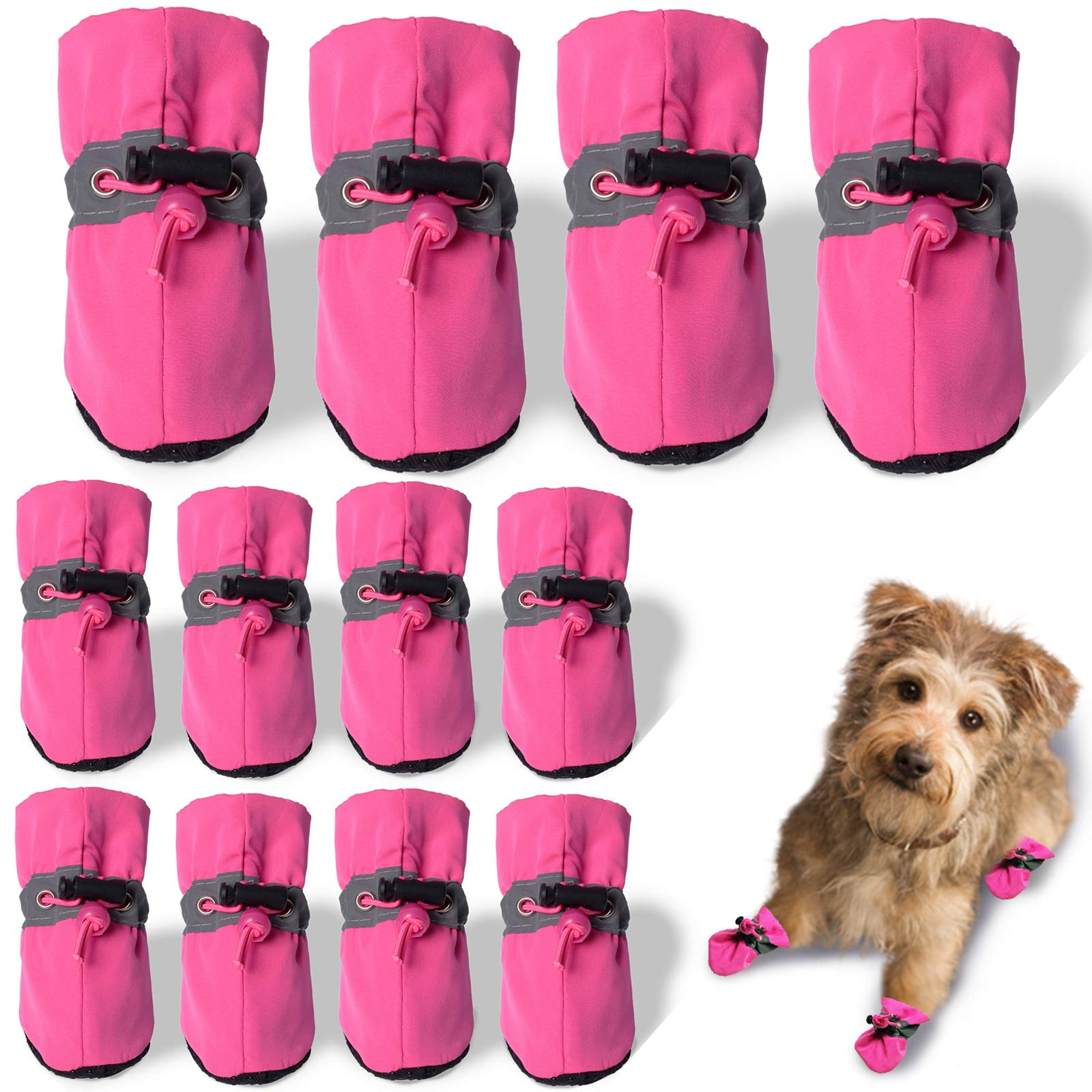 **Waterproof Dog Boots for Winter - Anti-Slip Paw Protector with Reflective Straps | 12PCS (5-3 Pairs) Pink Snow Booties for Small & Medium Dogs - Ideal for Snow, Ice, Rain & Outdoor Adventures**