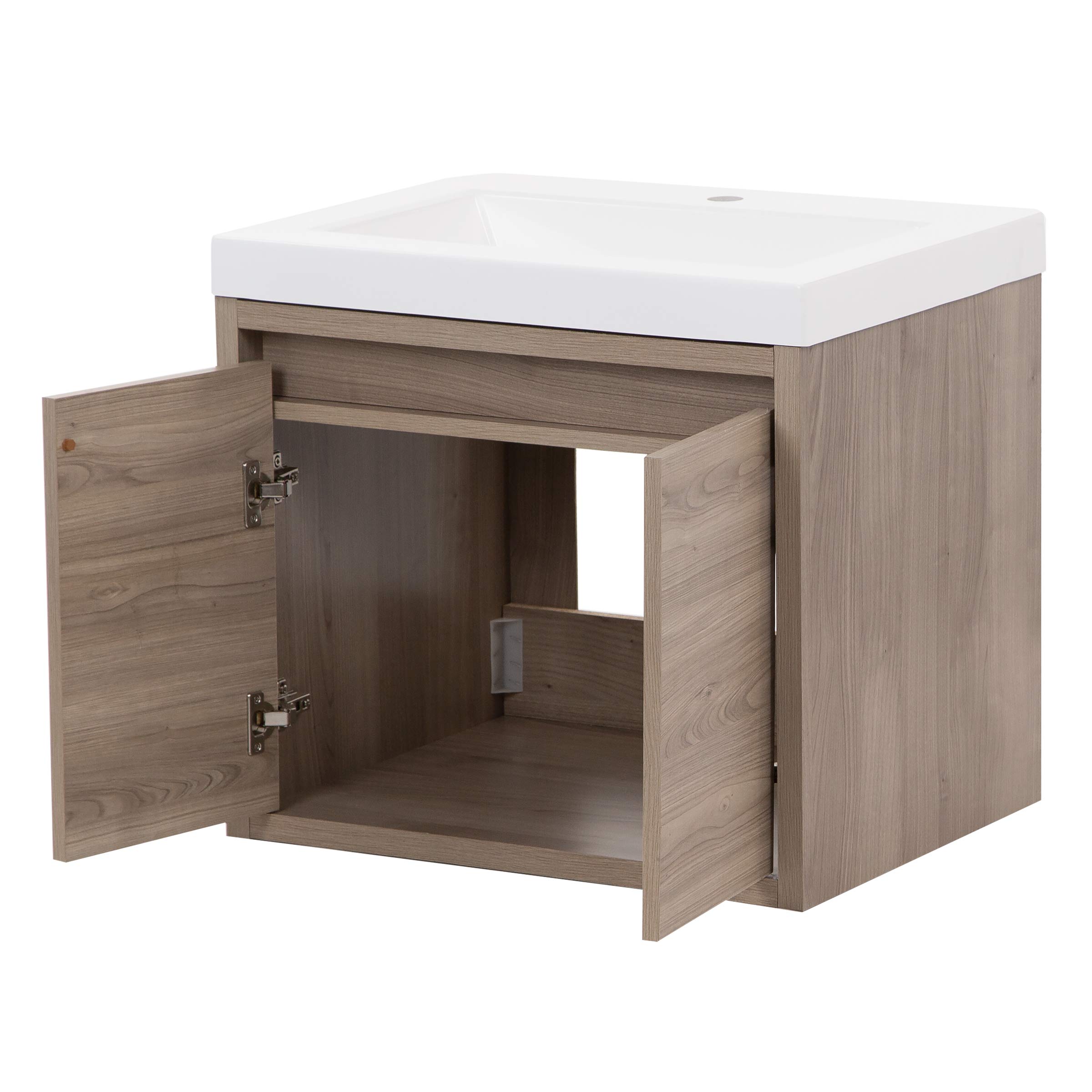 Kelby 24 Inch Modern Floating Bathroom Vanity - White Single Sink Top with 2-Door Cabinet, Forest Elm Finish (24.5
