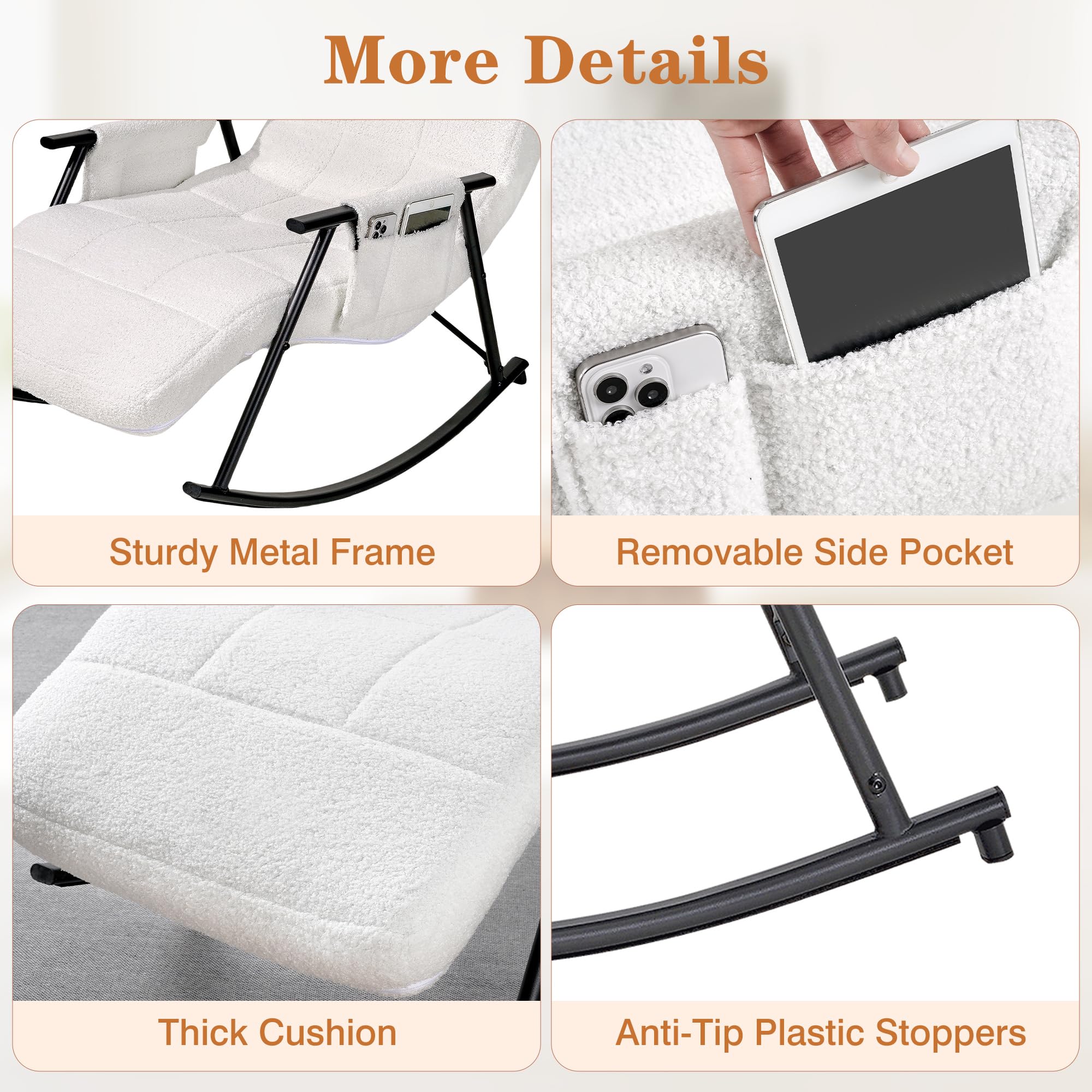VECELO High Back Nursery Rocking Chair with Footrest - Teddy Upholstered Reclining Glider Rocker - Comfortable Armchair with Padded Seat & Removable Side Pockets - Perfect for Nursery, Living Room, Bedroom & Balcony - White