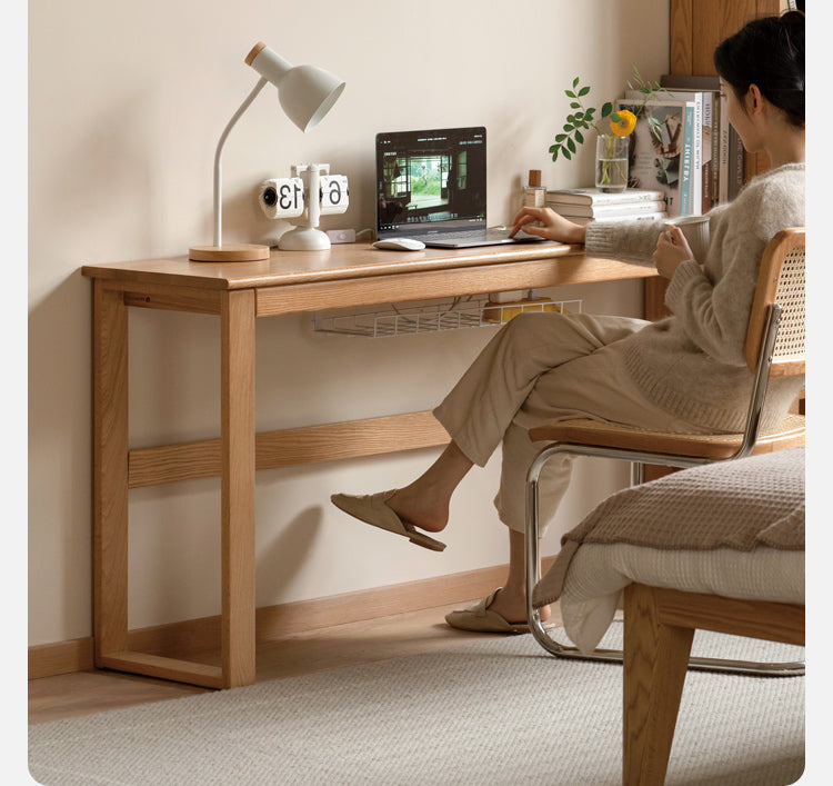Solid Oak and Poplar Wood Long Narrow Desk - Modern Minimalist Home Office Writing Table for Small Spaces | Perfect for Study, Work, and Laptop Use
