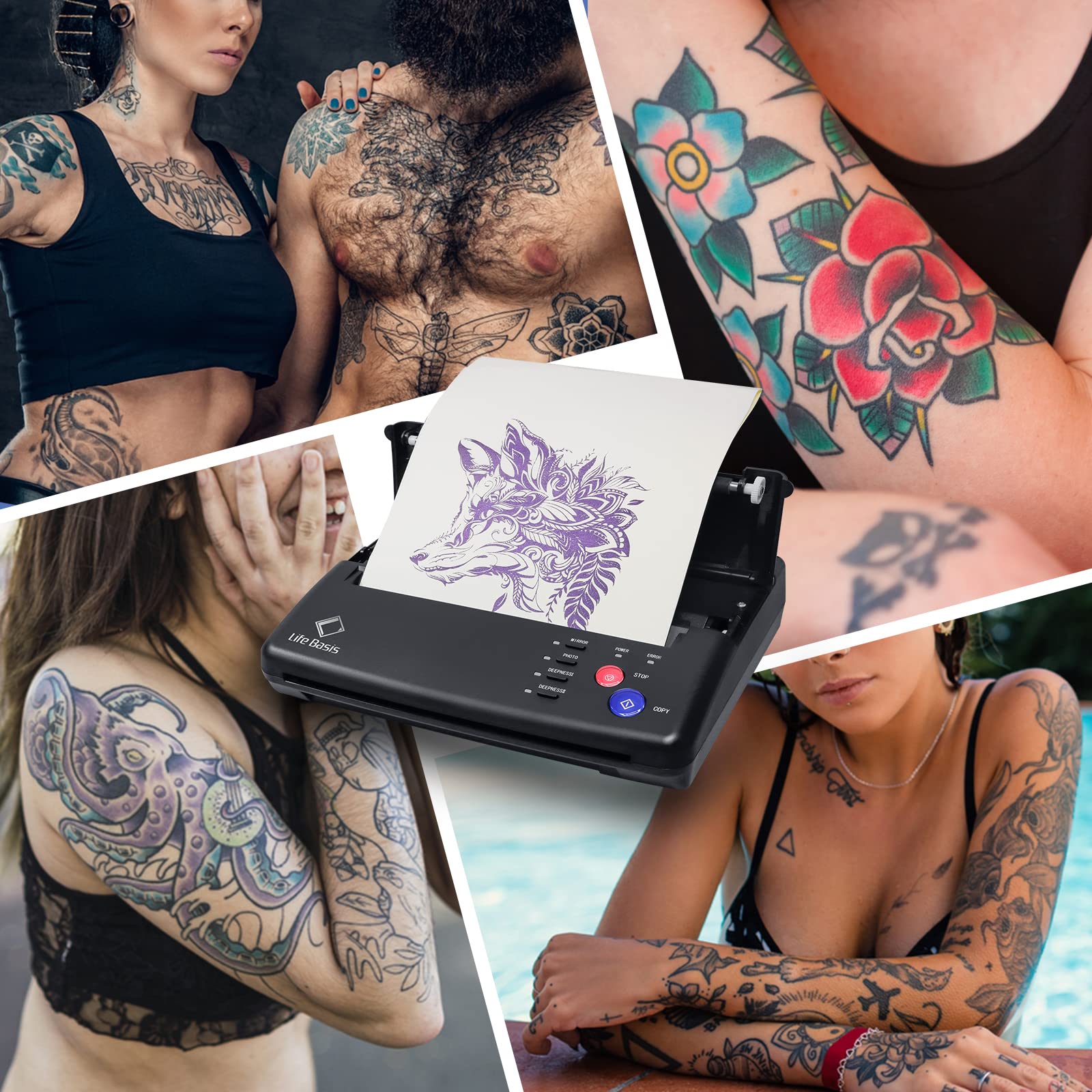 LifeBasis Professional Tattoo Transfer Stencil Printer Machine - Thermal Copier with 30PCS Stencil Paper for Tattoo Artists & Beginners | Portable Tattooing Equipment for Studio & Home Use | Black