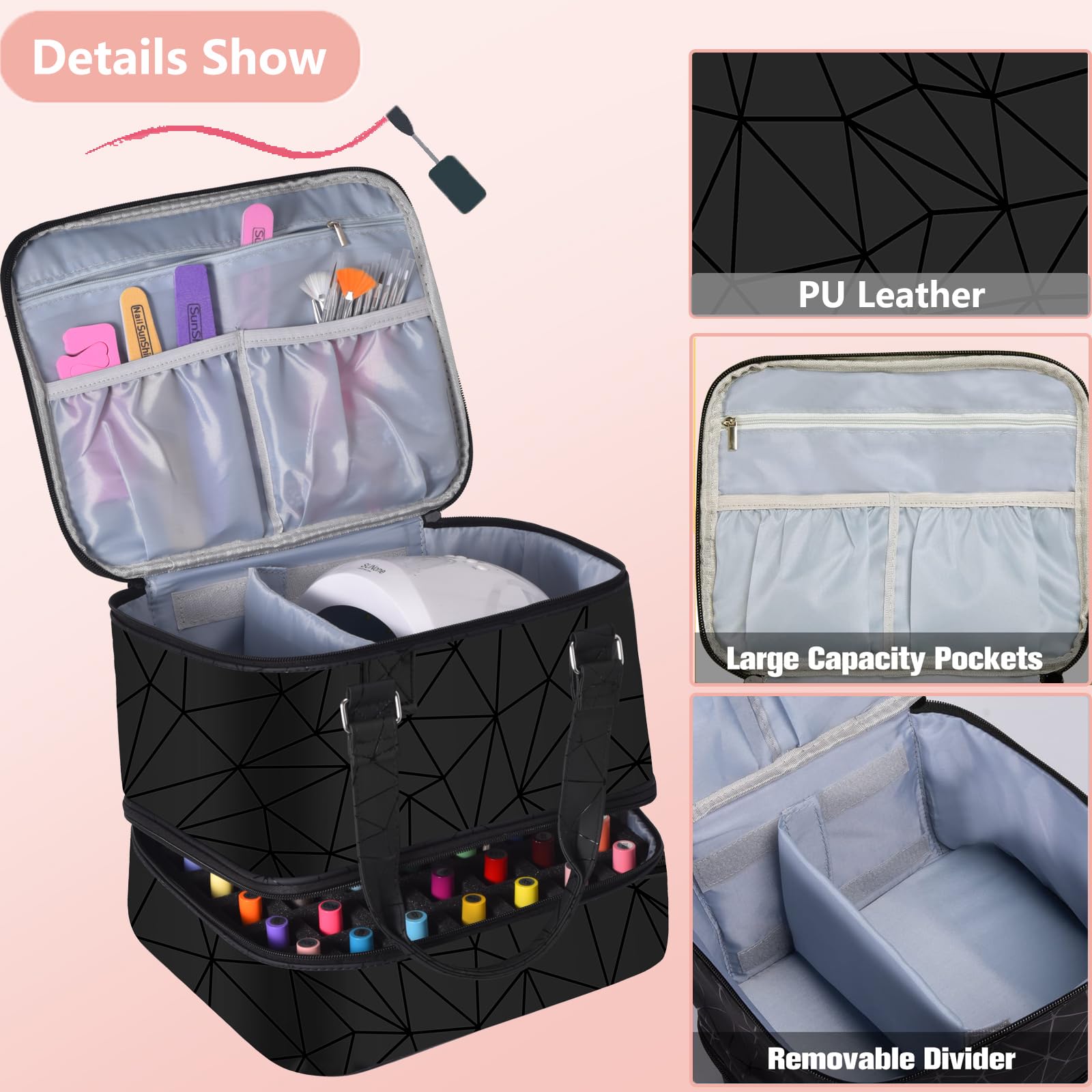 Premium Nail Polish Organizer Case - Holds 42+ Bottles (15ml/0.5 fl.oz) & 1 Nail Lamp, Double-Layer Portable Nail Polish Storage Bag with Handles for Salon Professionals & Home Manicures (Black) - Perfect for Travel, Nail Techs & DIY Enthusiasts
