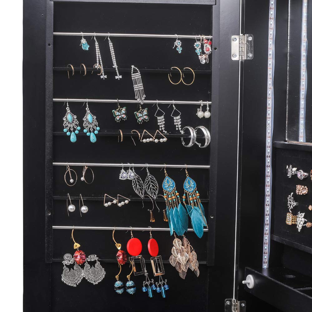 GT7-XB 79 Blue LED Jewelry Cabinet with Full-Length Mirror - Upright Jewelry Organizer Storage for Necklaces, Rings & Earrings - Perfect for Bedroom, Closet & Dressing Room (Black)