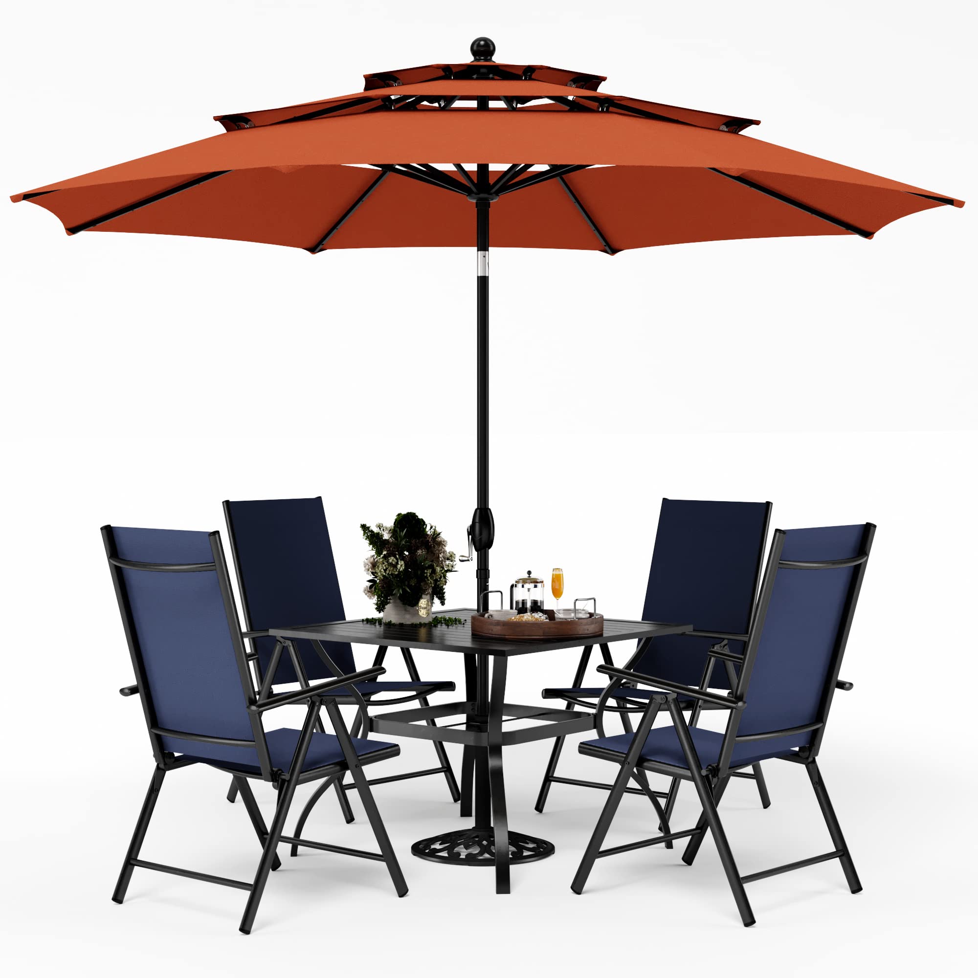 PHI VILLA 5-Piece Outdoor Dining Set with Umbrella - Metal Patio Table & Adjustable Folding Chairs in Blue - Perfect for Backyard, Garden, Lawn & Poolside Entertaining