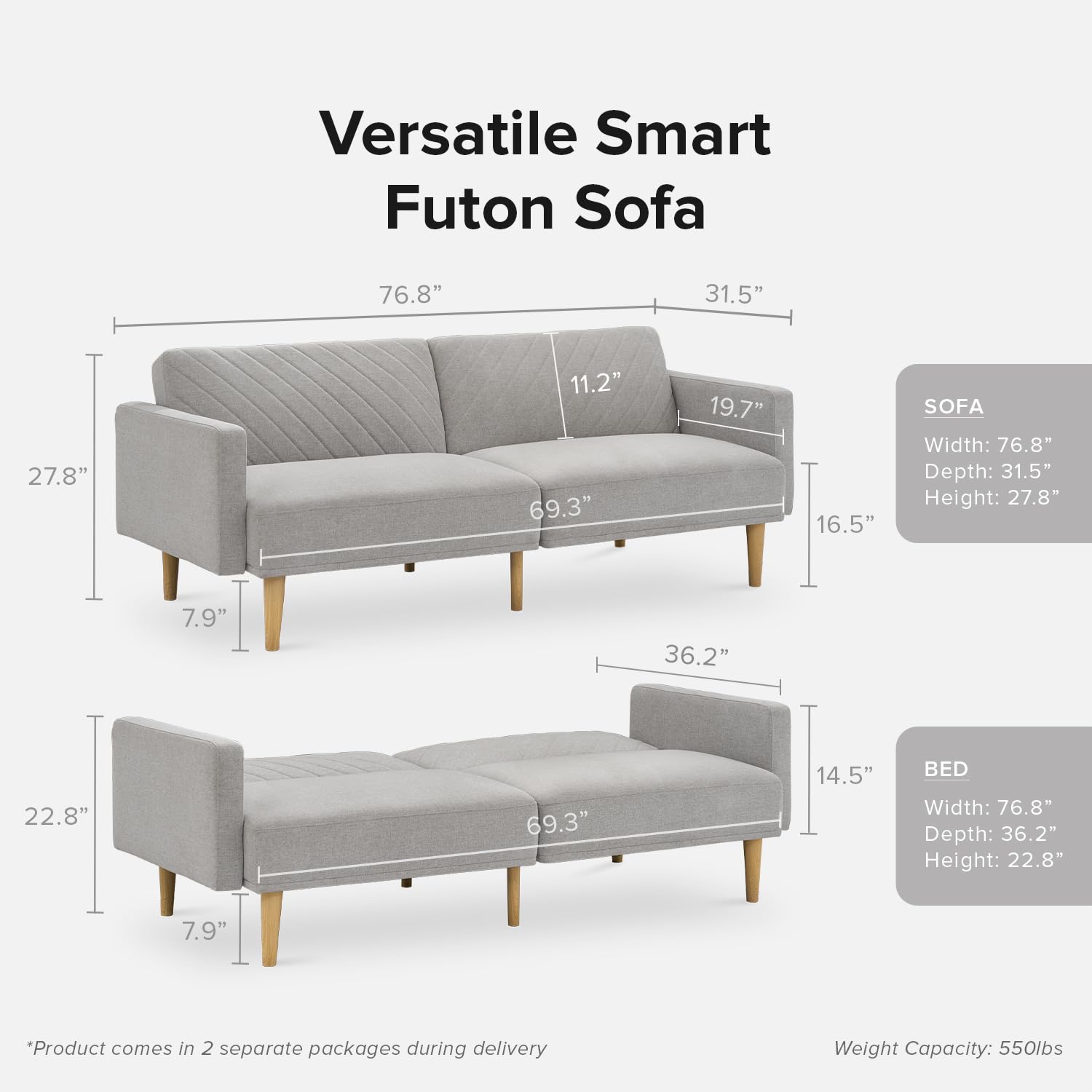 Mopio Mid Century Modern Futon Sofa Bed - Convertible Sleeper Couch, Loveseat for Small Spaces, Light Gray Fabric - Perfect for Living Rooms, Guest Rooms & Apartments