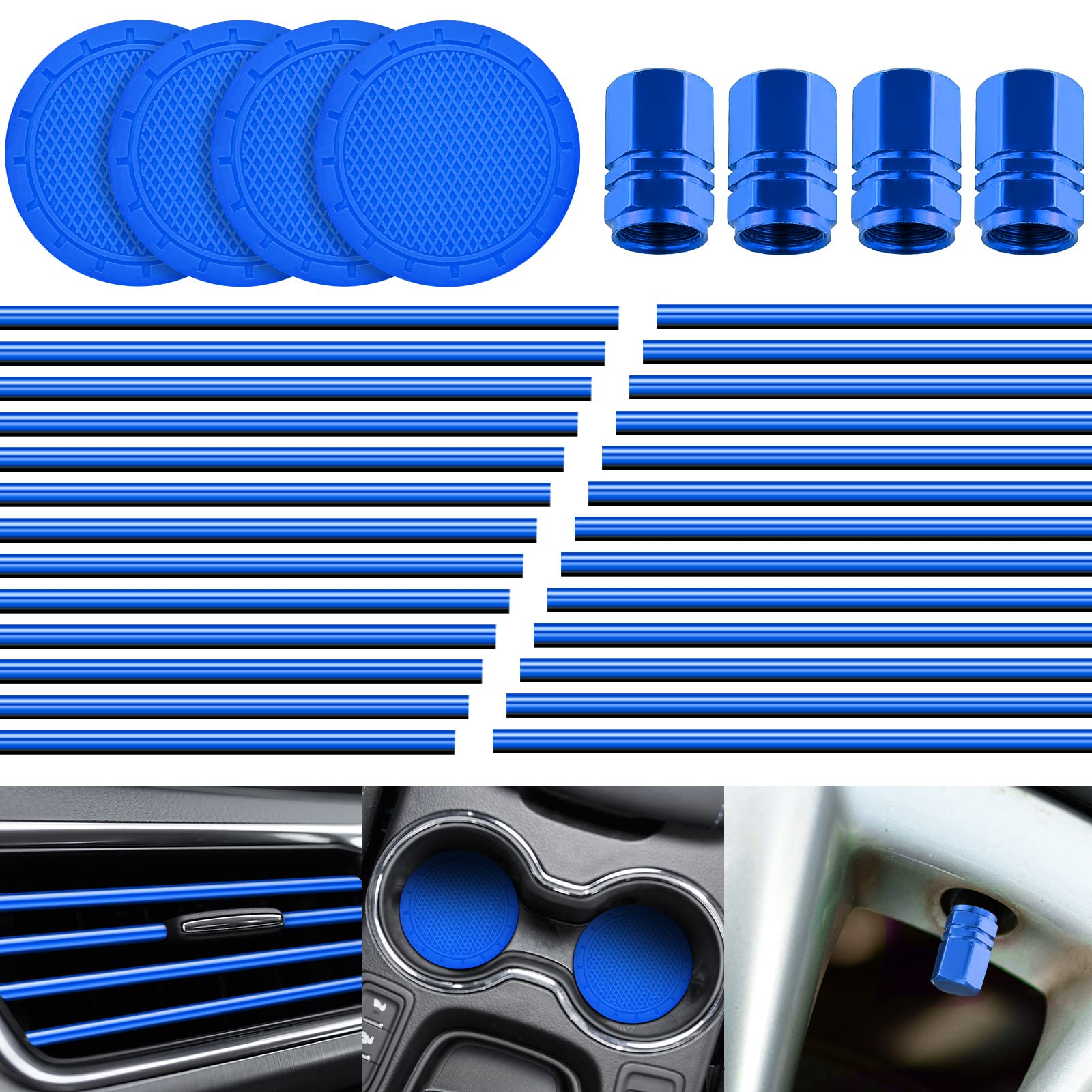 Frienda 28-Piece Car Accessories Kit - 20 AC Vent Clips, 4 Non-Slip Silicone Cup Holders & 4 Tire Valve Caps (Blue) | Perfect for Car Interior Decoration & Organization
