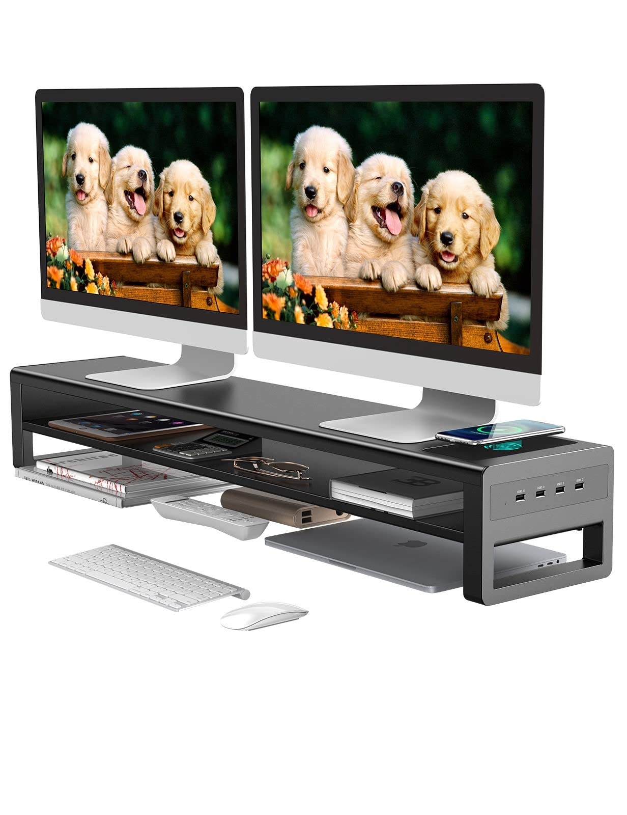 STARSIKI 2 Tier Dual Monitor Stand with Wireless Charger & 4 USB 3.0 Hub - Heavy Duty Metal Monitor Riser for PC, Laptop, TV, Printer - Space Saving Desk Organizer for Home Office & Gaming Setup