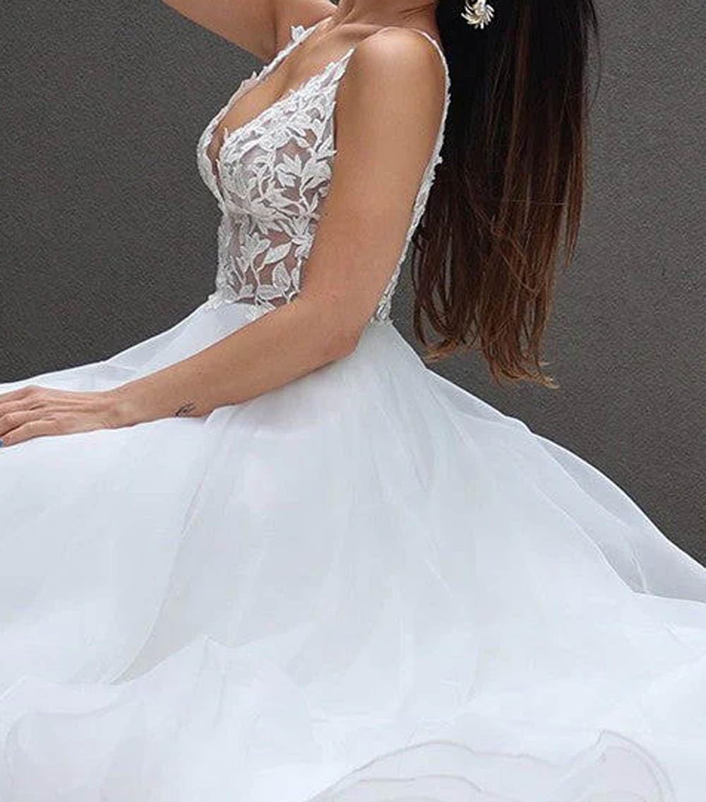 Elegant Double V Neck Lace Applique Wedding Dress for Bride - A-Line Tulle Ball Gown with Lace Detailing | Perfect for Bridal Showers, Wedding Ceremonies & Formal Events