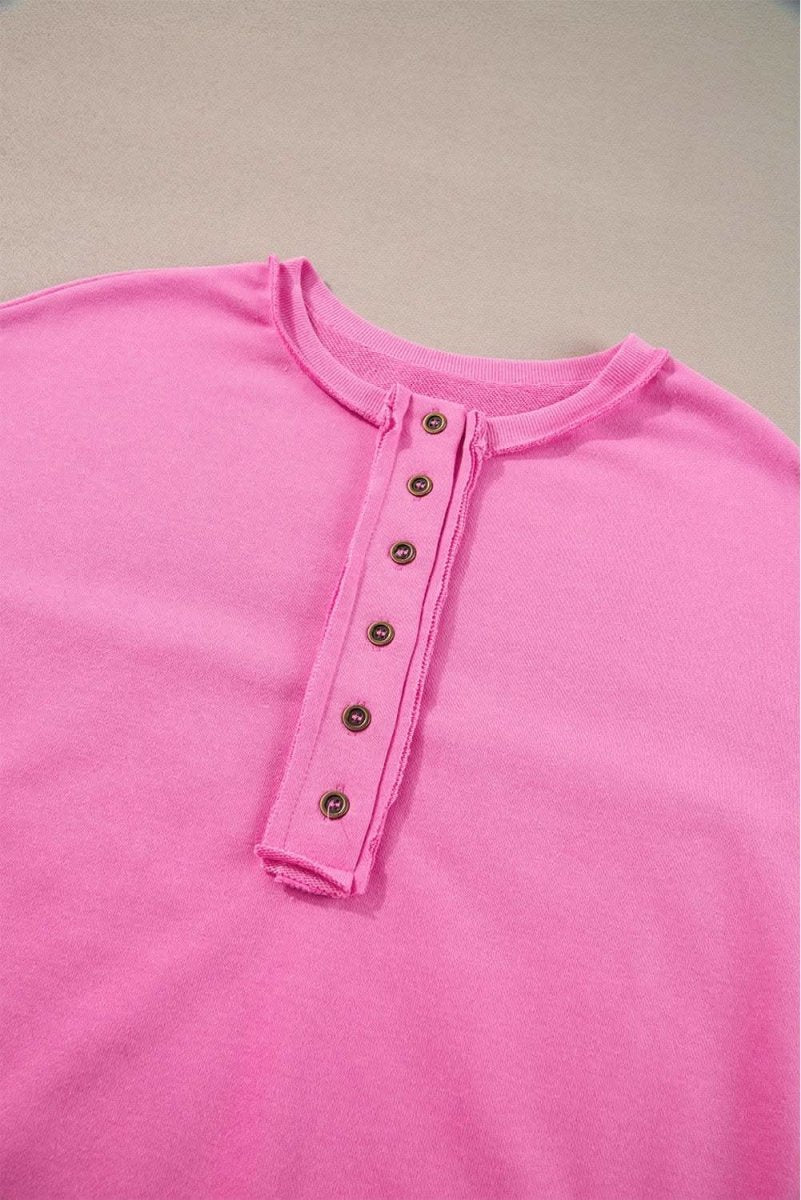 Bonbon Sequin Patchwork High Low Hem Henley Sweatshirt for Women | Trendy Casual Pullover with Sparkle Details | Perfect for Parties, Date Nights & Weekend Outfits