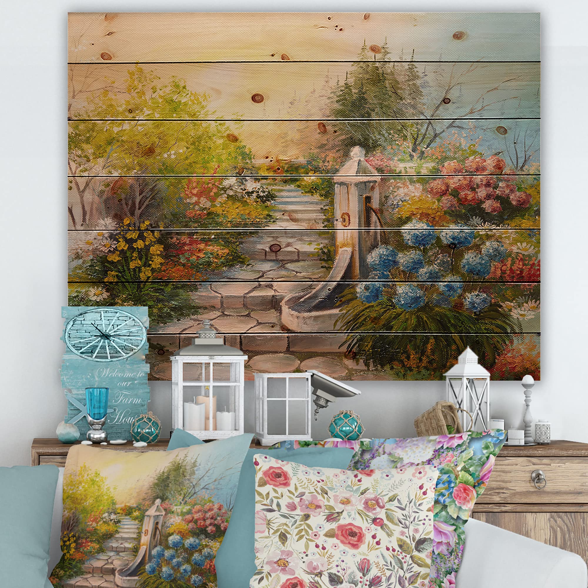 DesignQ Blossoming Forest Stone Stairs Traditional Wood Wall Art - Large Landscape Pine Wood Panel Decor for Living Room, Bedroom & Office