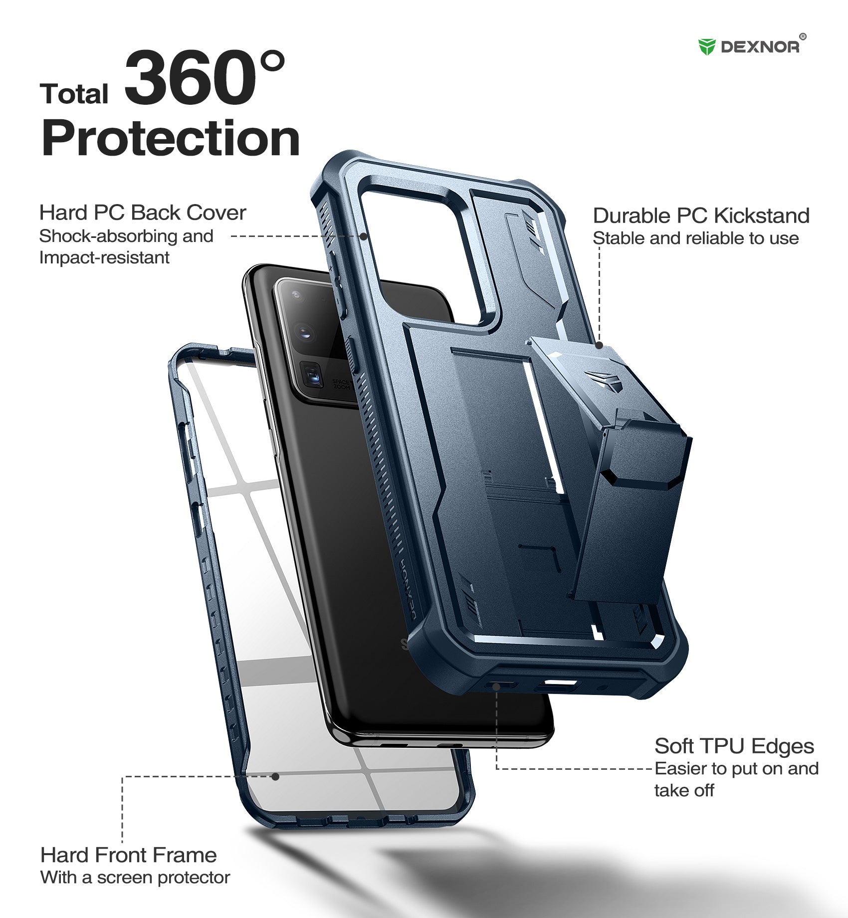 Durable Dexnor Shockproof Rugged Case for Samsung Galaxy S20 Ultra with Built-in Kickstand & Screen Protector - Heavy Duty Protection for Outdoor, Work & Travel