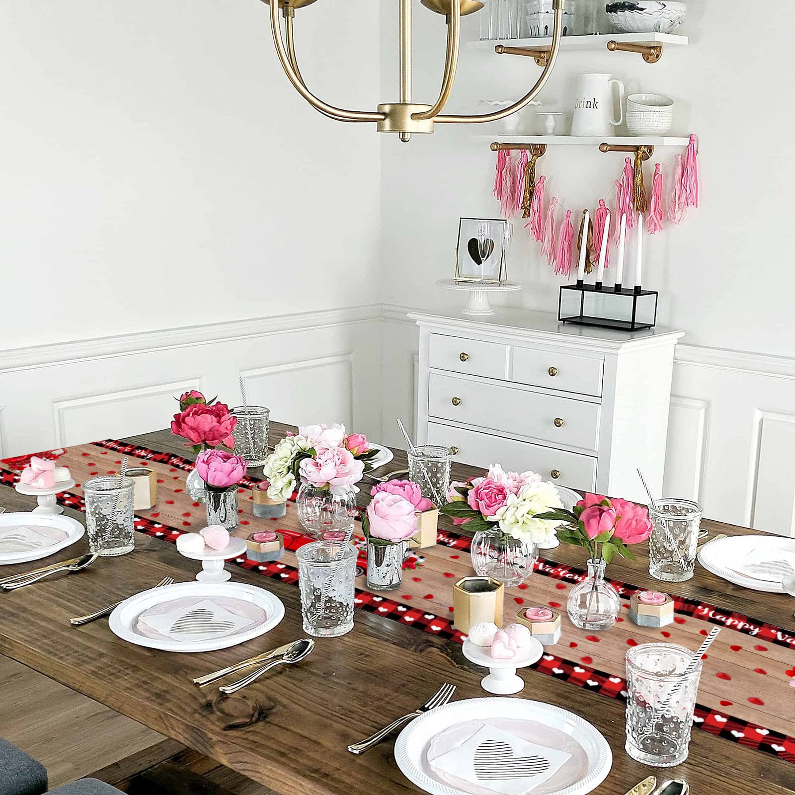 120 Inch Red Truck Pull Love on Petals Table Runner - Valentine's Day Wedding Banquet Decor for Kitchen, Dining Table, Coffee Table & Dresser | Romantic Home & Party Decoration