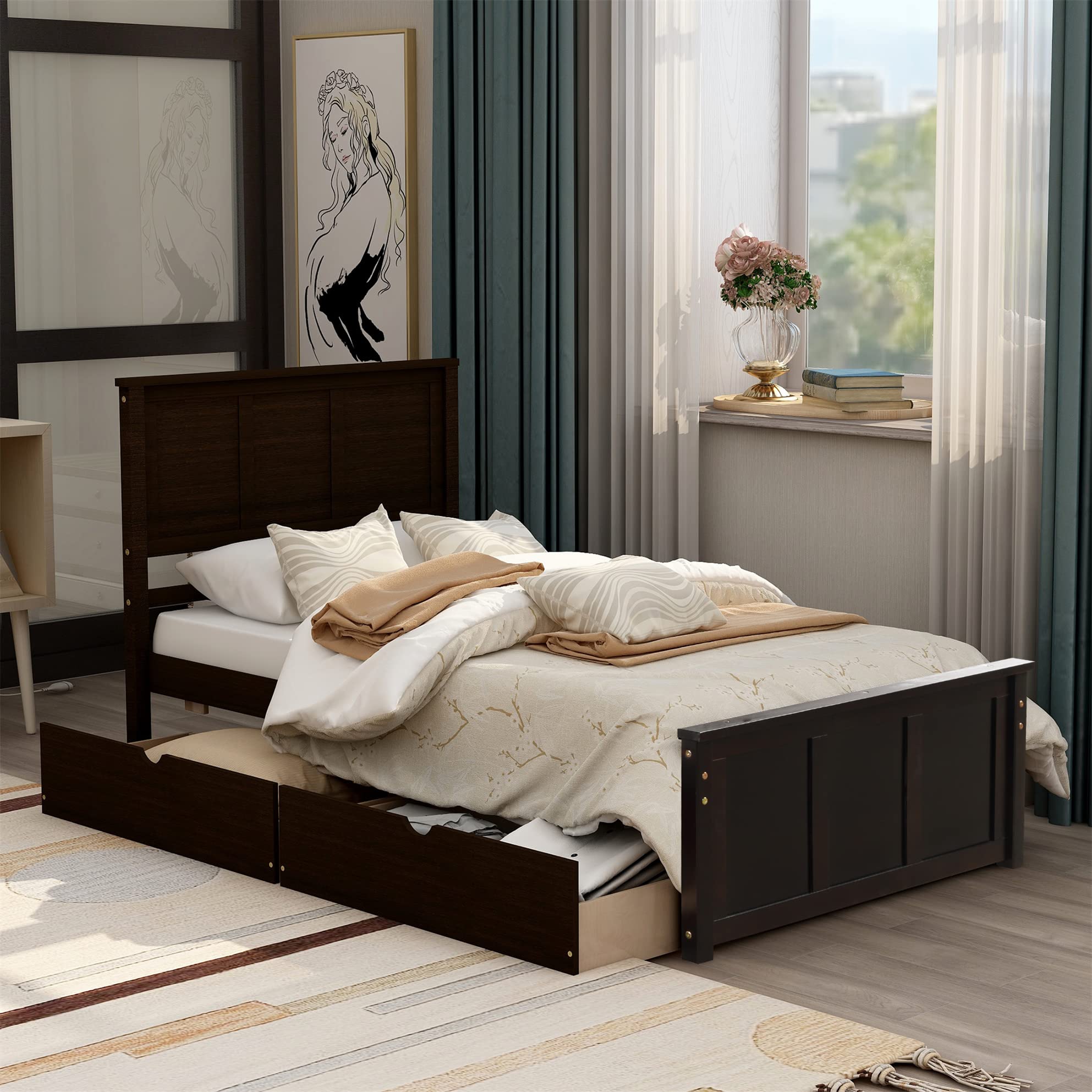 Harper & Bright Designs Twin Bed with Storage Drawers - Solid Wood Platform Bed for Kids, No Box Spring Needed, Espresso Finish - Perfect for Small Bedrooms, Guest Rooms & Kids' Rooms