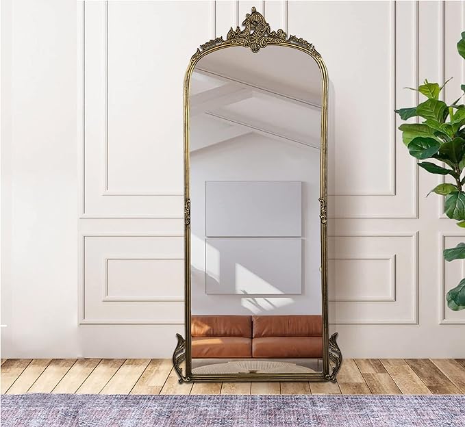 Victorian Arched Full Length Mirror with Hand-Cast Metal Frame - Antique Brass Finish for Elegant Home Decor | Perfect for Bedroom, Living Room & Entryway