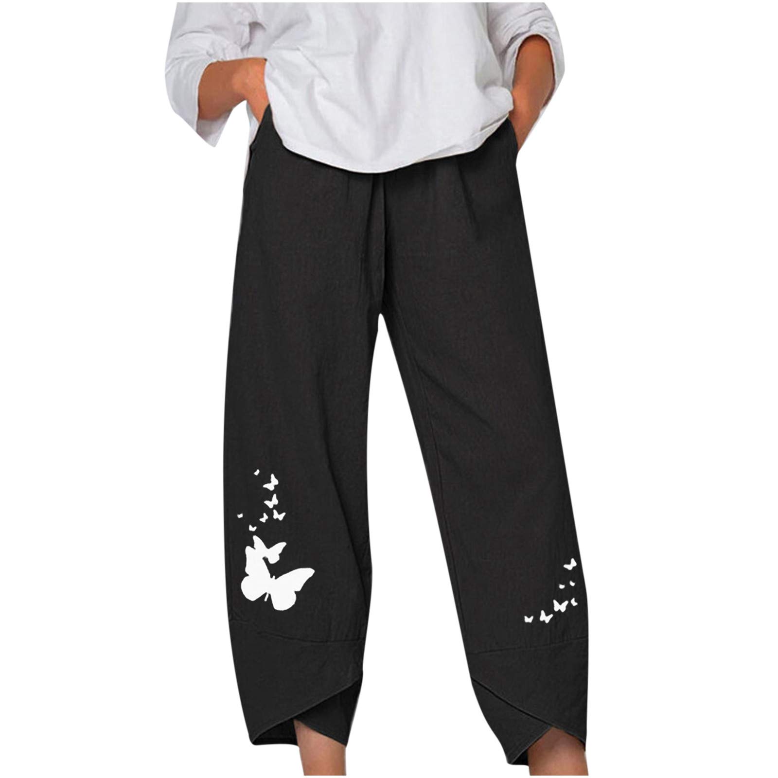 **Women's Cotton Linen Wide Leg Pants - Elastic Waist Cropped Trousers with Pockets | Comfortable & Stylish for Casual Wear, Office & Travel**