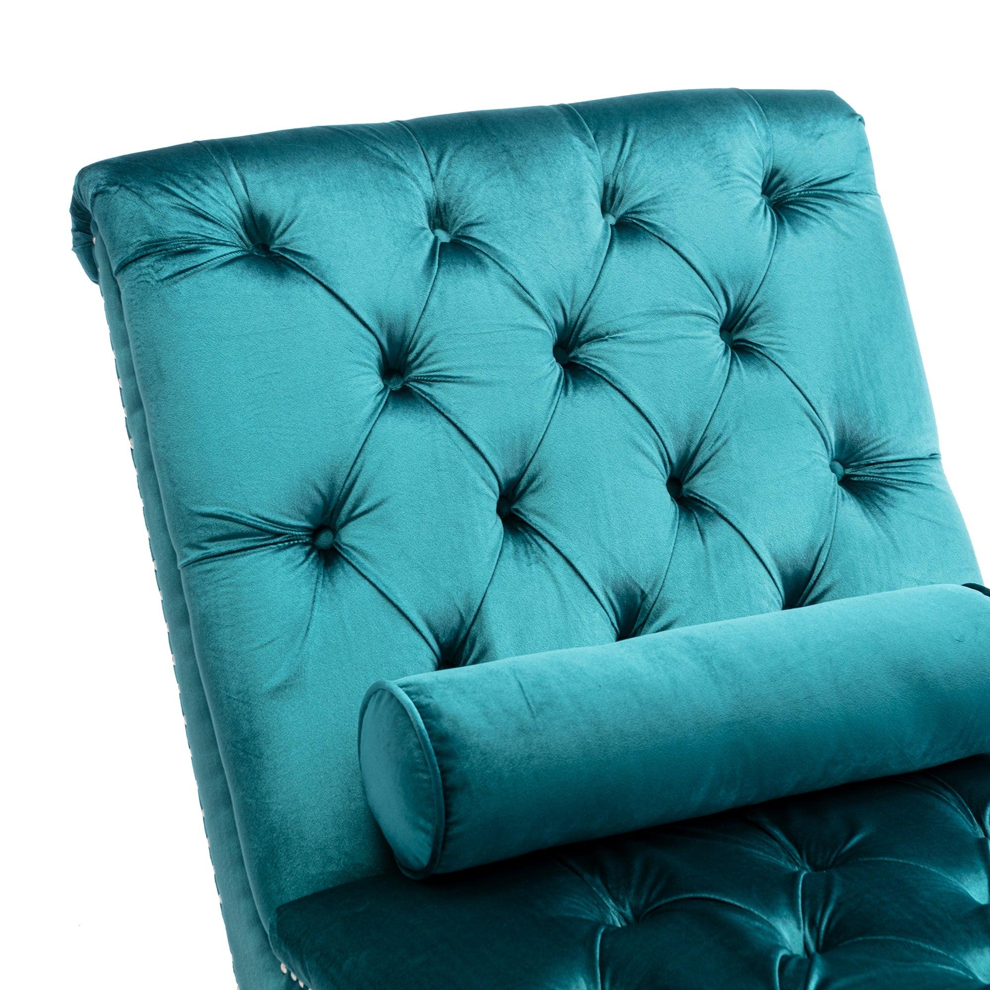 Luxury COOMORE Velvet Chaise Lounge Chair - Button Tufted Upholstered Sofa with Pillow for Bedroom, Living Room & Office - Teal Velvet - Perfect for Reading Nook, Lounge Area & Home Decor