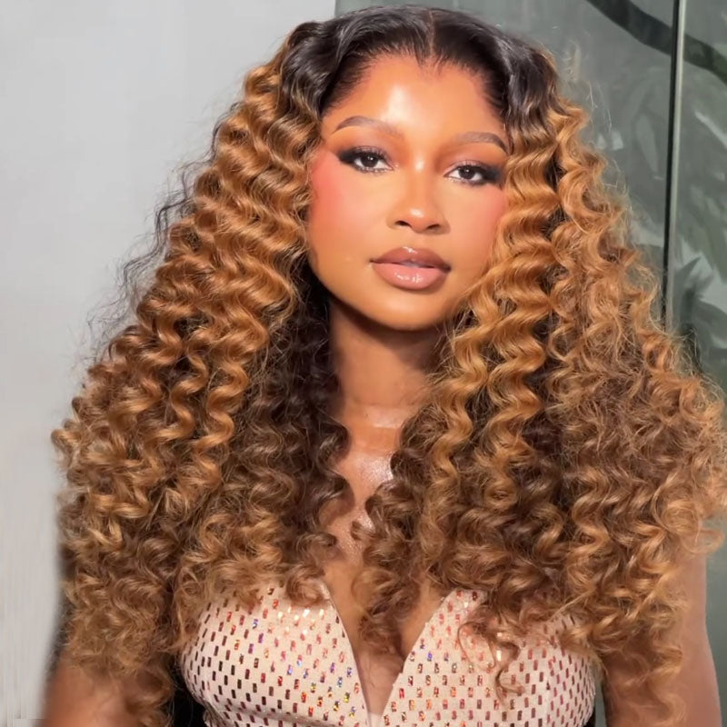 Eullair T1B Honey Brown Deep Curly Human Hair Lace Front Wig - Pre-Colored Glueless Lace Wig for Women (EW012) | Natural Look for Daily Wear, Parties & Special Occasions