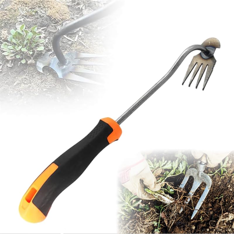 2024 Upgraded 4-Toothed Dual-Purpose Manual Weeding Tool - Manganese Steel Garden Hand Weeder with Ergonomic Handle for Efficient Weed Removal | Perfect for Home Gardens, Lawns, and Flower Beds