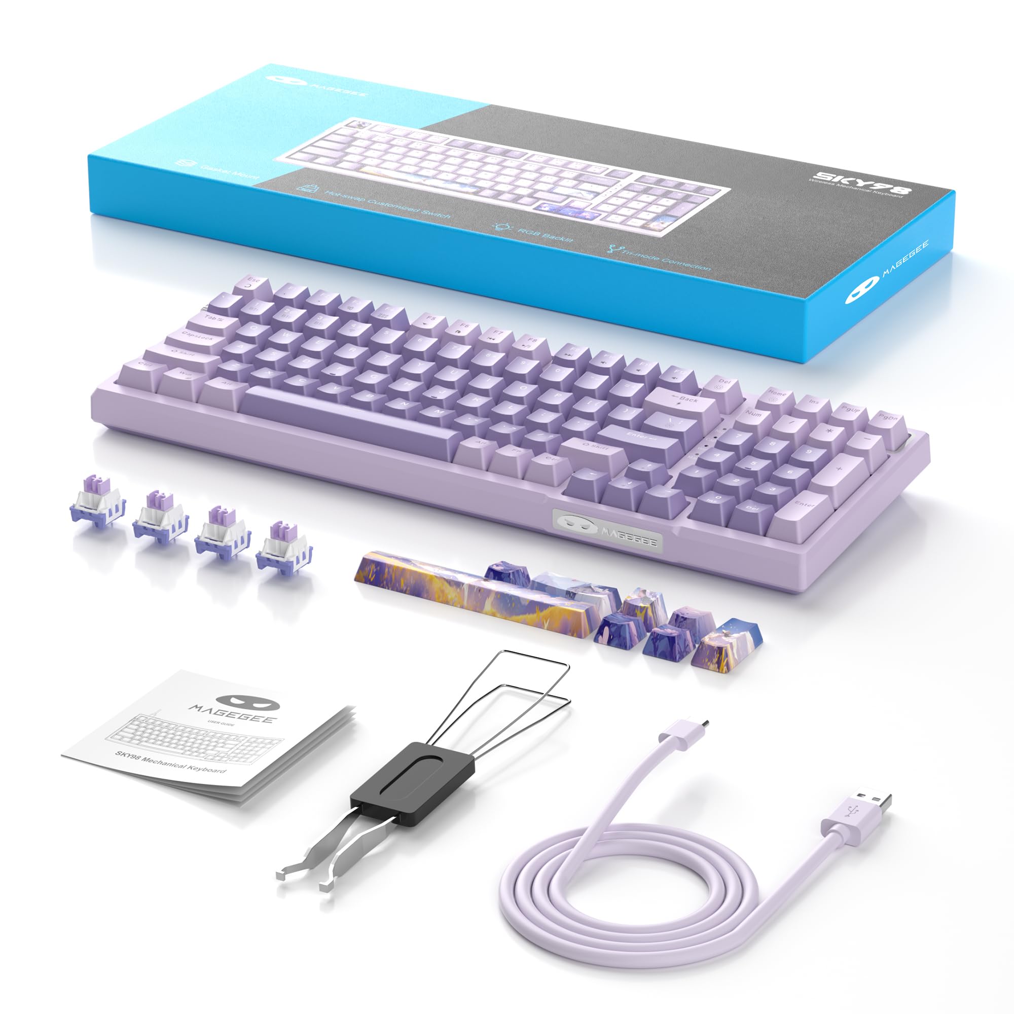MageGee SKY98 Wireless Mechanical Gaming Keyboard - 96% Hot Swappable RGB Backlit, 5-Layer Sound Padding, Bluetooth/2.4G/USB-C, NKRO for Windows/Mac (Lavender, Violet Switch) | Perfect for Esports, Streaming & Office Work