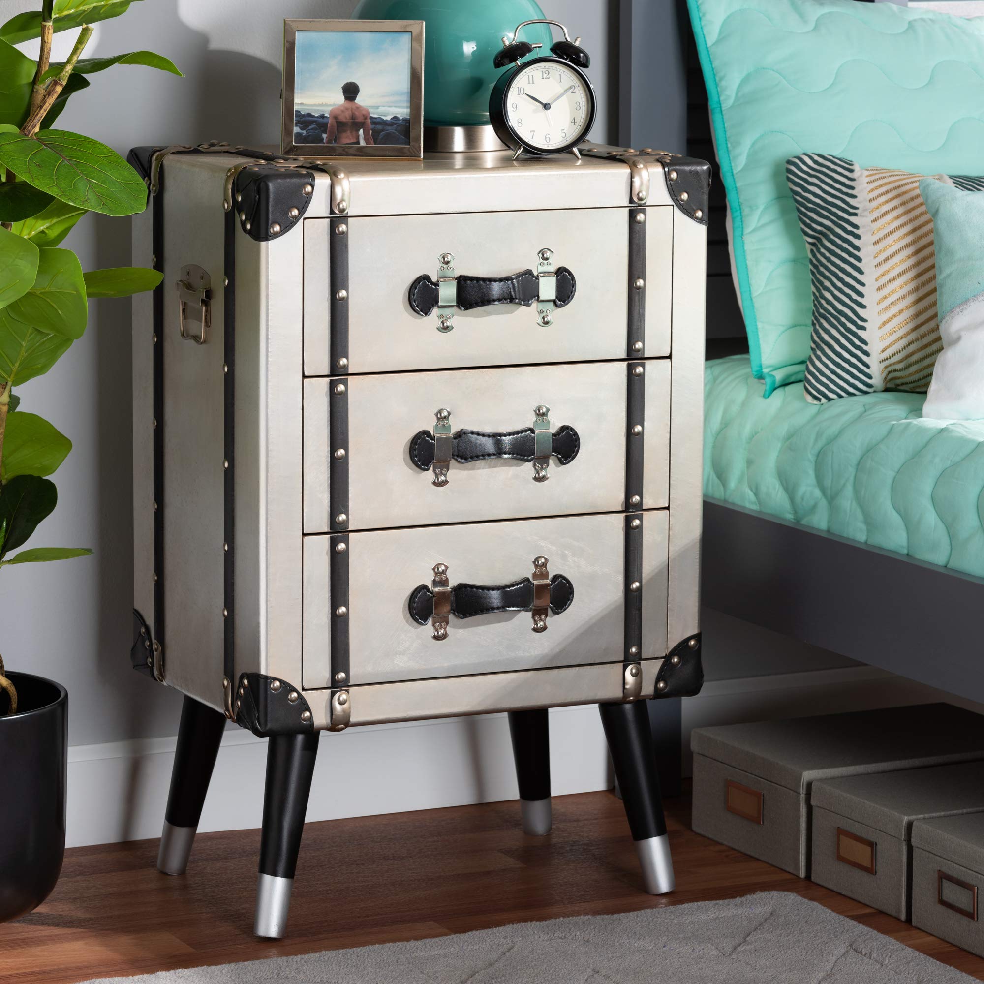 Baxton Studio Modern Nightstand - Silver & Black Bedside Table with Drawer for Bedroom Furniture | Perfect for Small Spaces, Apartments & Guest Rooms