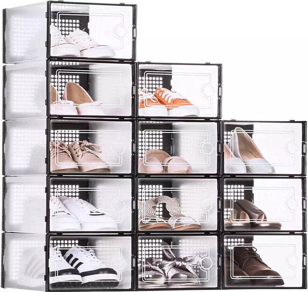 Black Clear Plastic Stackable Shoe Cabinet with Pull-Out Drawers - Organizer for Men's & Women's Shoes, Sandals, Flats, Heels & Accessories | Space-Saving Closet Storage Solution for Bedroom, Entryway & Dorm