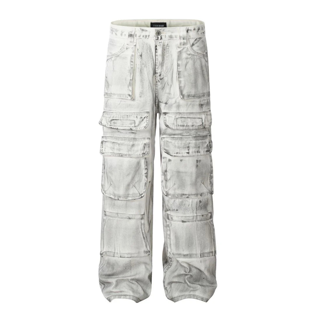 American Style Multi-Pocket Straight Workwear Jeans for Men - High Street Wide Leg Denim Pants Vintage Male Trousers 24E1021 | Durable Work Pants for Construction, Outdoor Activities & Casual Wear