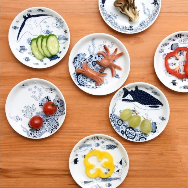 Premium Hasami Yaki Japanese Ceramic Small Plate Set - 7-Piece Marine Life Design for Sushi, Appetizers & Home Decor