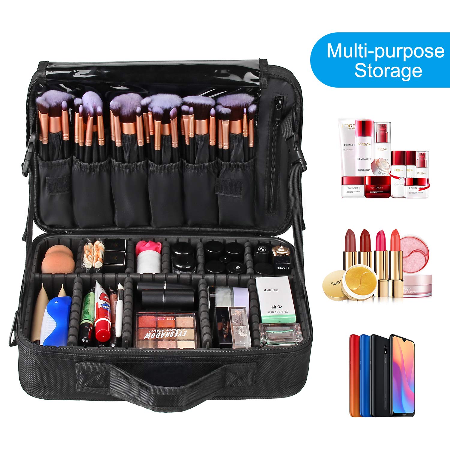 Relavel Travel Makeup Train Case - Professional Cosmetic Organizer with Adjustable Dividers for Makeup Brushes, Toiletries & Beauty Tools | Portable Artist Storage Bag | Medium Black | Perfect for Travel, Salon & Home Use