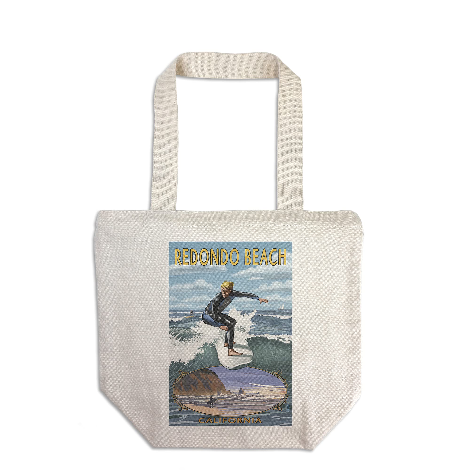 Lantern Press Redondo Beach California Day Surfer Tote Bag - 100% Cotton Canvas Reusable Shopping Bag for Beach, Groceries & Daily Use