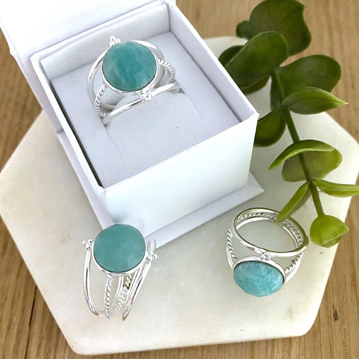 Laihas Free Spirit Amazonite Ring - Natural Gemstone Jewelry for Women, Boho Style Adjustable Ring - Perfect for Everyday Wear, Meditation & Spiritual Healing