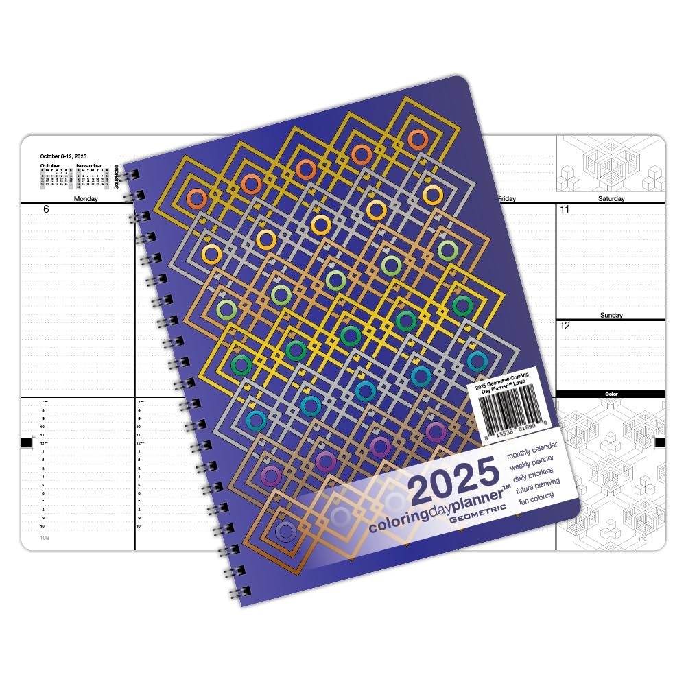 2025 Geometric Coloring Day Planner - Daily & Weekly Scheduling, Goal Planning with Lines, Shapes & Pattern Coloring Pages (8.5
