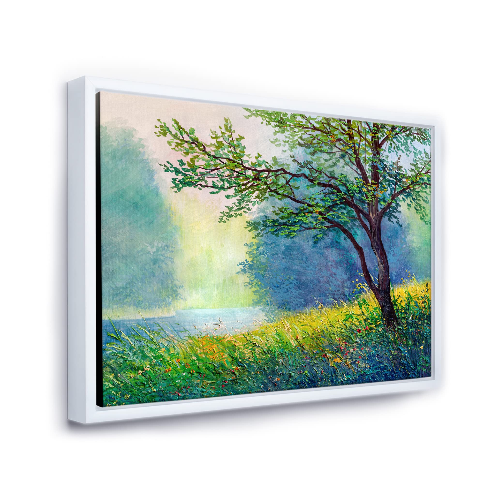 DesignQ Summer Forest With River and Waterfall - Traditional Framed Canvas Wall Art Print - Nature Landscape Painting for Living Room, Bedroom & Office Decor