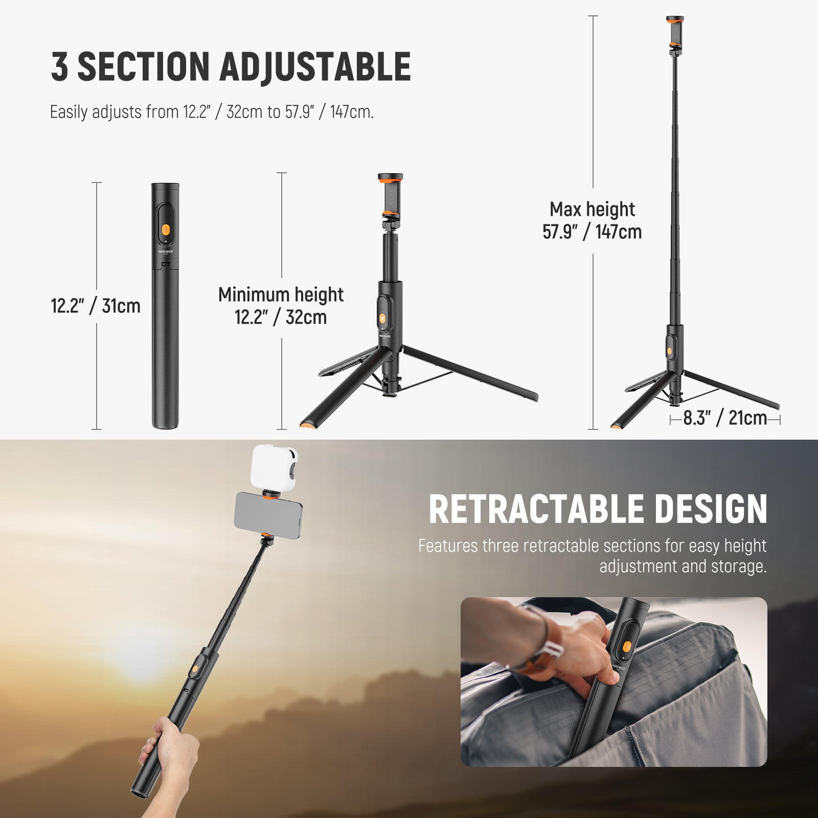 NEEWER BASICS PA992 Quick Release Selfie Stick Tripod for Smartphone - Adjustable Phone Stand with Bluetooth Remote, Perfect for Vlogging, Travel & Group Photos