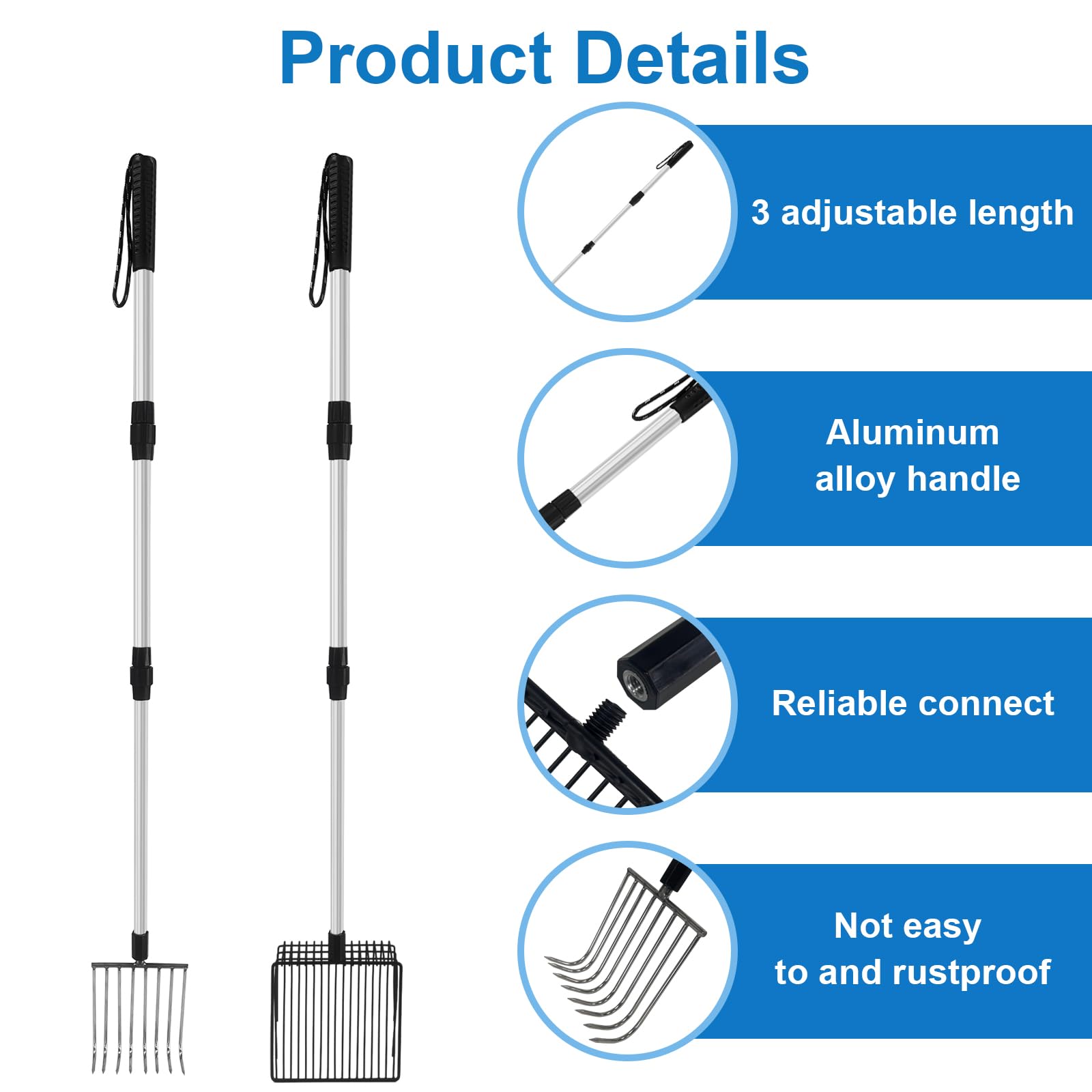 2 Pack Chicken Poop Scooper & Coop Rake - Retractable 3-in-1 Sifting Shovel with Detachable Handle for Easy Chicken Coop Cleaning | Durable Poultry Waste Removal Tools for Backyard Chicken Coops, Farms & Pet Enclosures