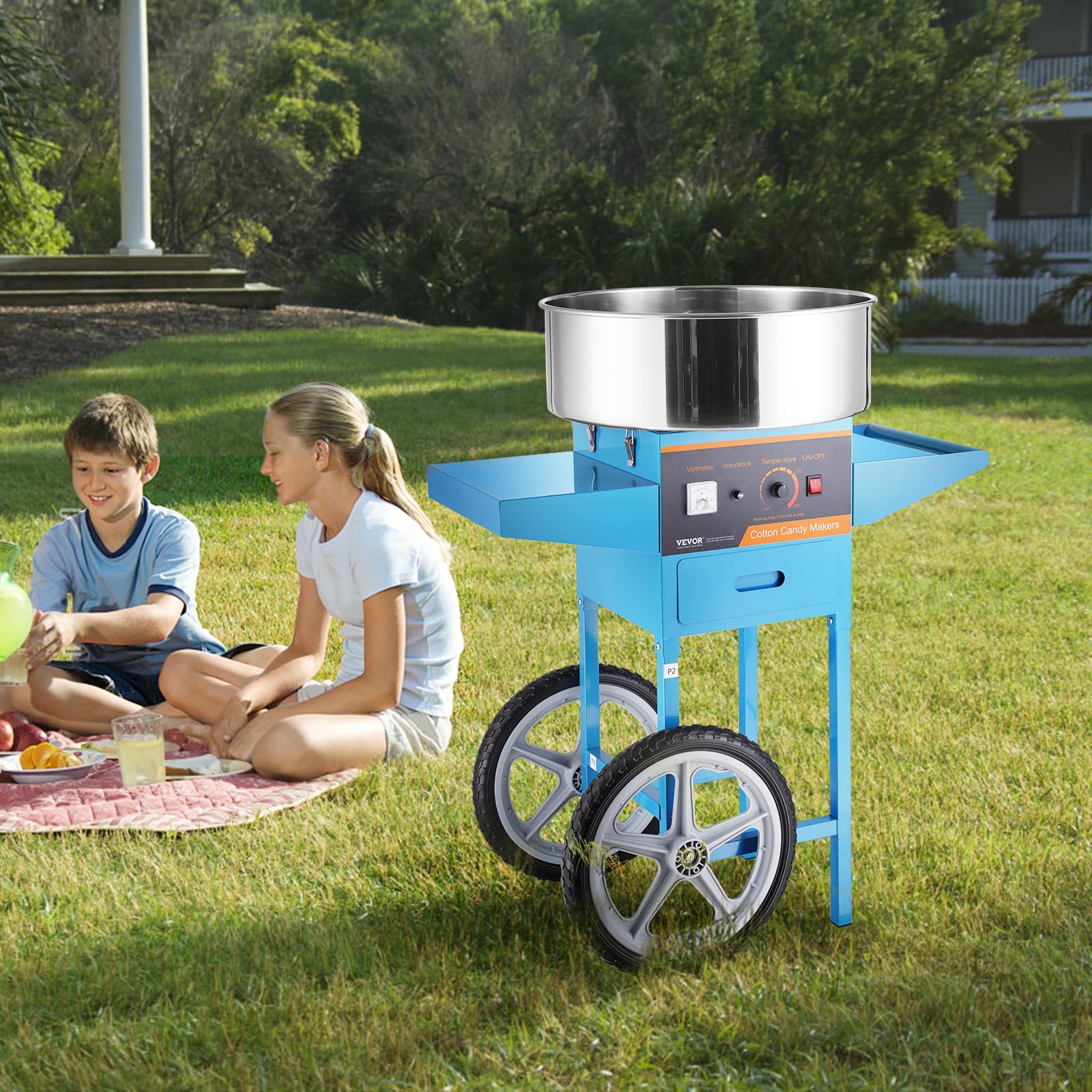 VBENLEM Commercial Cotton Candy Machine with Cart - Electric Candy Floss Maker with Stainless Steel Bowl, Sugar Scoop & Storage Drawer - Perfect for Birthday Parties, Carnival Events, Wedding Receptions & Home Use (Blue)