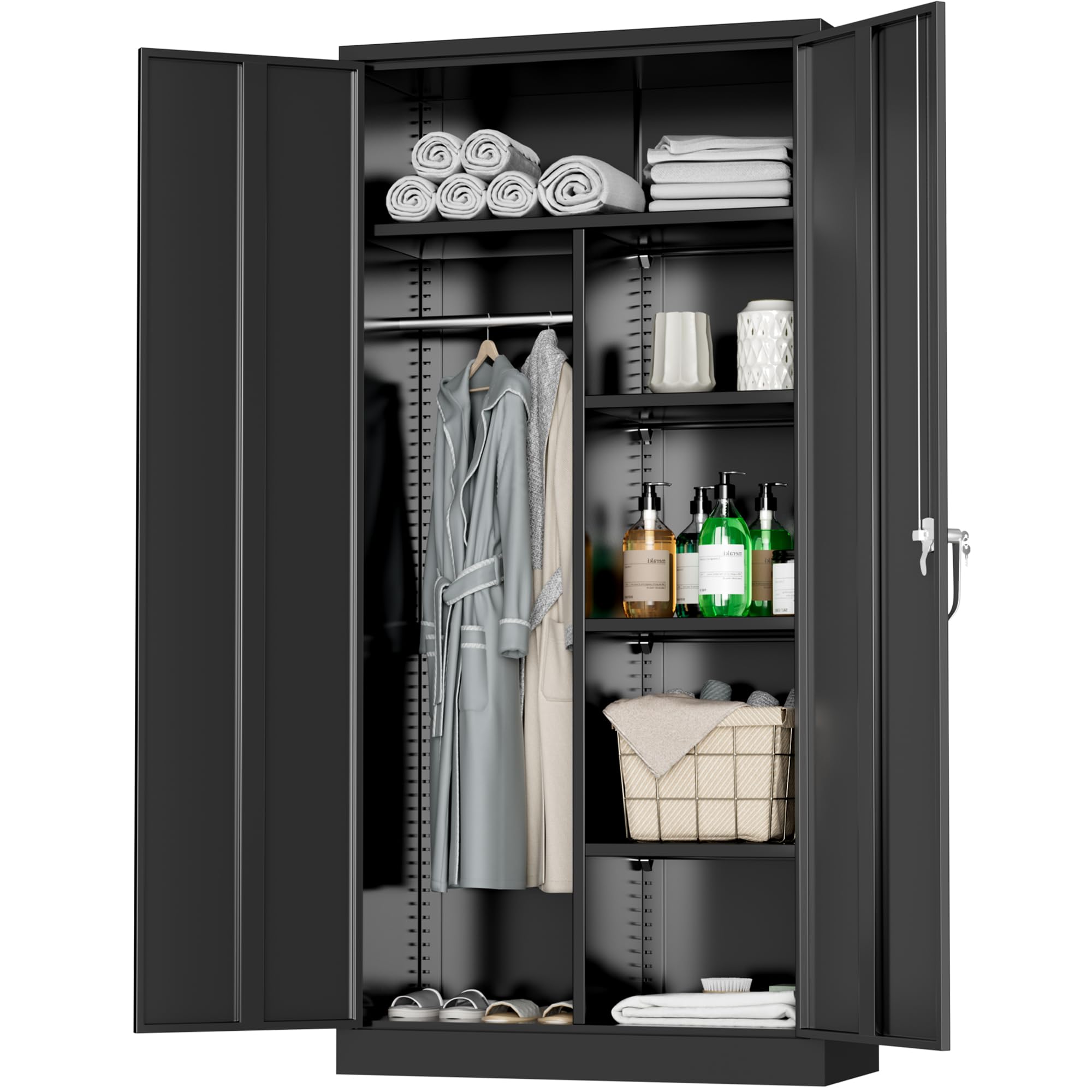 Greenvelly Black Metal Wardrobe Cabinet with Lock - Hanging Clothes Storage with Doors & Shelves for Home, Office, Bedroom, School & Gym | Space-Saving Closet Organizer for Small Spaces & Dorm Rooms